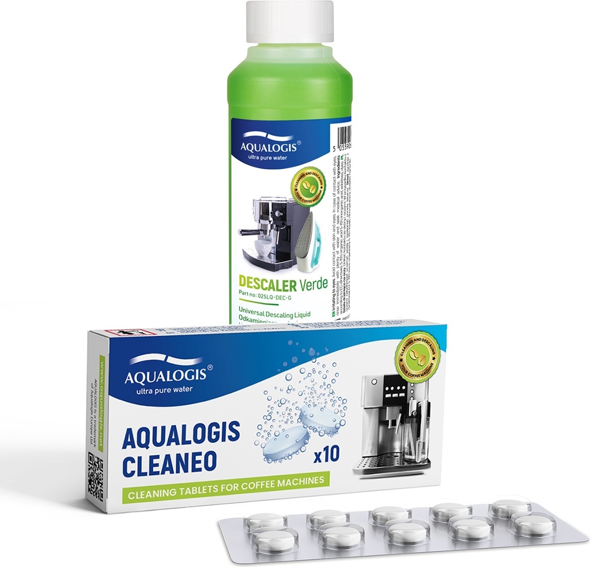 Espressomaschinen-Kit - Aqualogis Verde Entkalker 250ml + Aqualogis Cleaneo Entfettungstabletten 10 Stück.