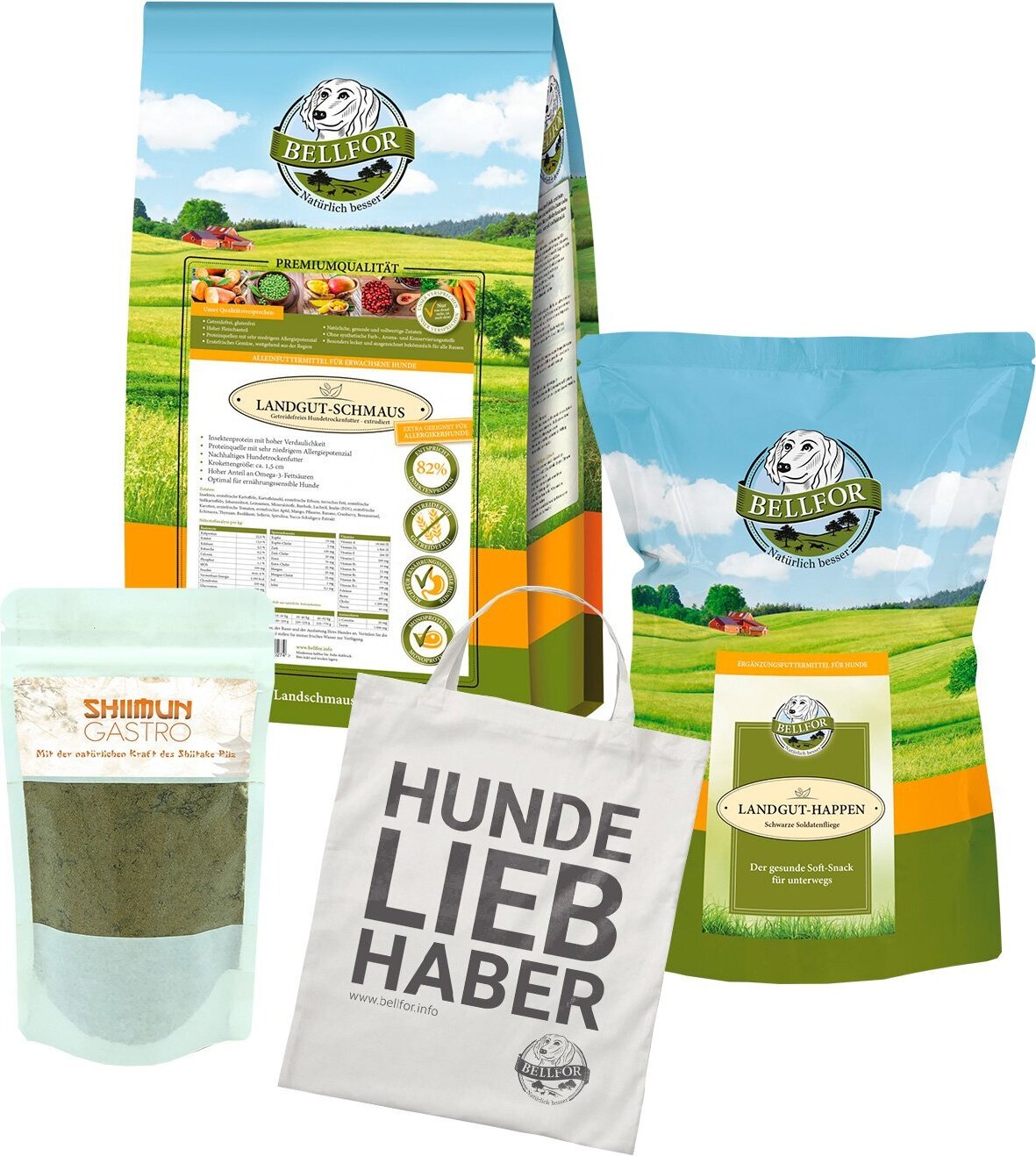 Bellfor Futterset für mittelgroße Hunde mit Verdauungsproblemen - Landgut-Schmaus 2,5 kg + Landgut-Happen 200g + Shiimun Gastro 50g + 1 Jutebeutel 2,750.00 g