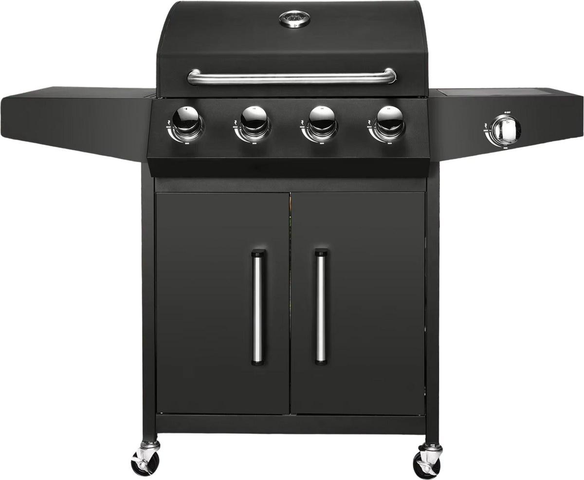 Plynový gril BBQ 5 v 1 – čierny – 4+1 horáky vrátane bočného horáka – teplomer a miska na zachytávanie oleja – gril z nehrdzavejúcej ocele pre záhradu, terasu a balkón