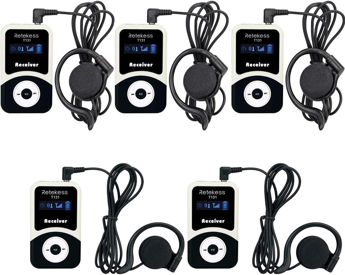 Retekess T131 Empfänger kompatibel mit drahtlosem, Tour Guide System, 60 Meter effektive Distanz für Schulbesuche Museumsbesuche Wanderungen Führungen (5 Stück) EUF9424AX5