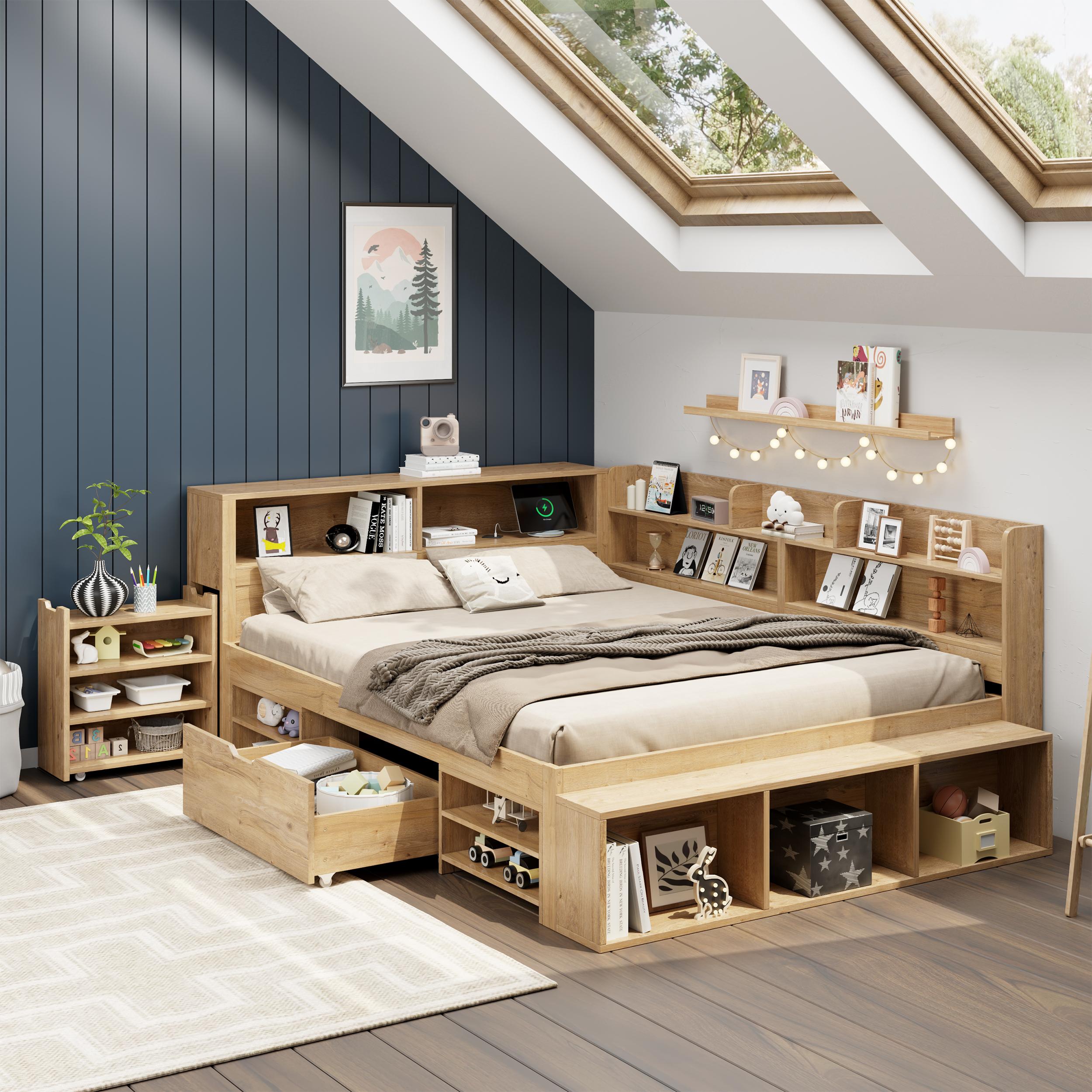 okwish Kinderbett 140×200 mit ausziehbarer Nachttisch,Holzbett Jugendbett mit Regal und Schubladen,Multifunktionales Bettgestell Etagenbett,mit Matratze, Natur