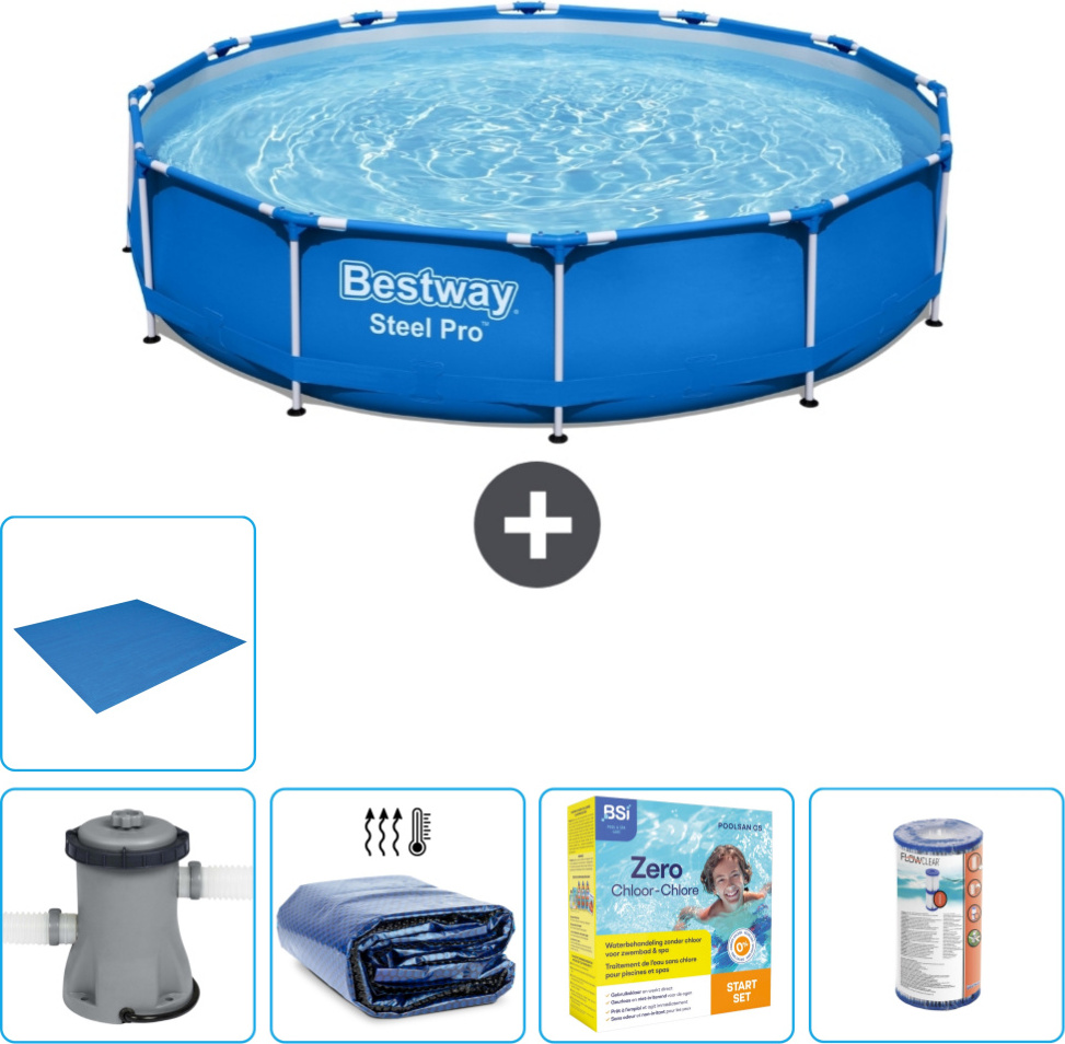 Okrúhly bazén Bestway Steel Pro - 305 x 76 cm - modrý - vrátane čerpadla - markízy - balík na údržbu - filter - krycia plachta