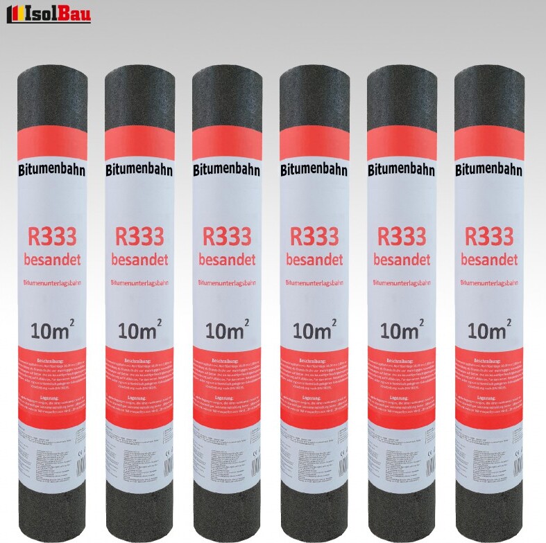 Isolbau Dachpappe R333 Besandet 60m2 6 Rollen Bitumenbahn Bitumen-Dachbahn R333-60