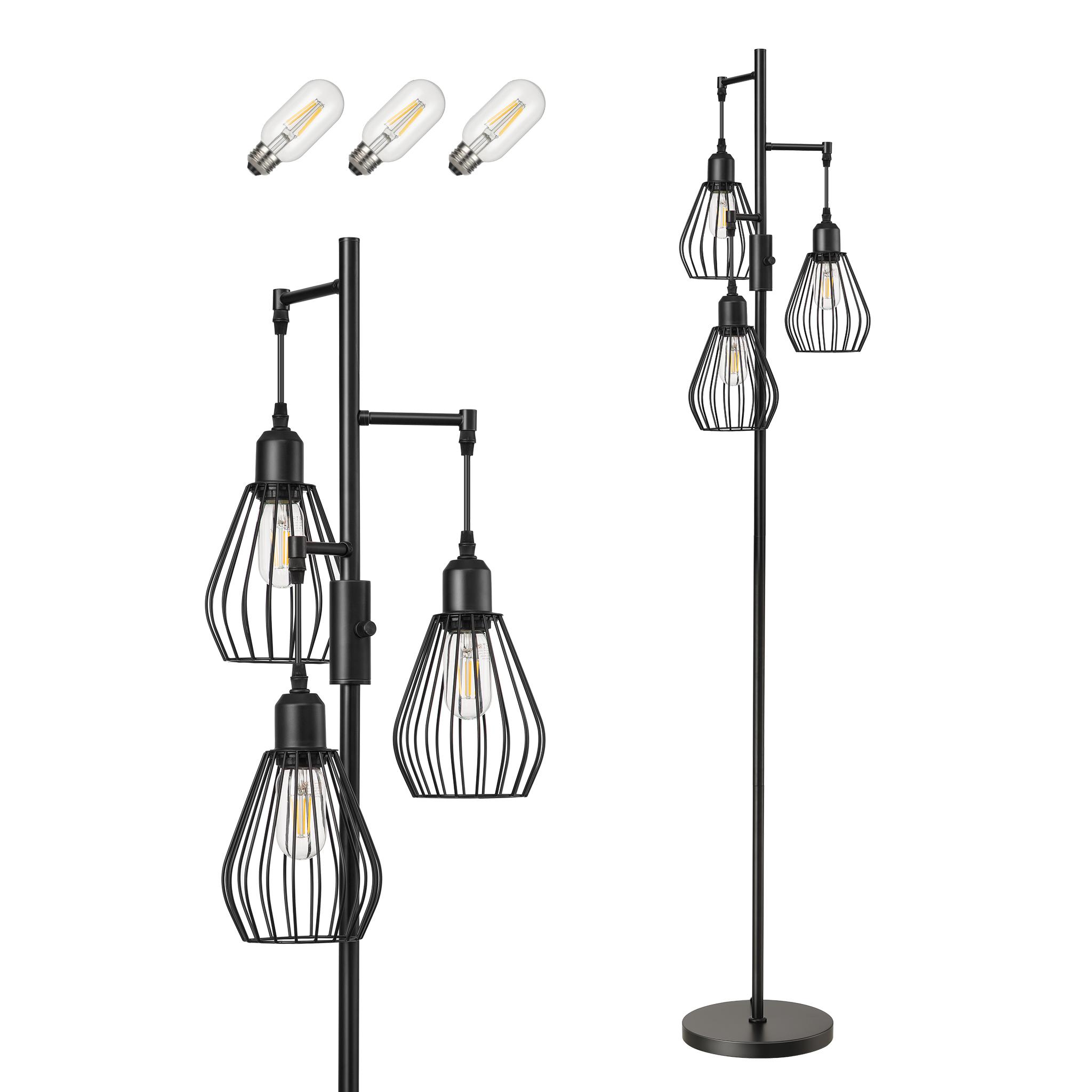 EDISHINE Stehlampe 3 flamming Dimmbar, LED Stehleuchte Inklusive LED-Lampen E27, Schwarz DHLTL10L