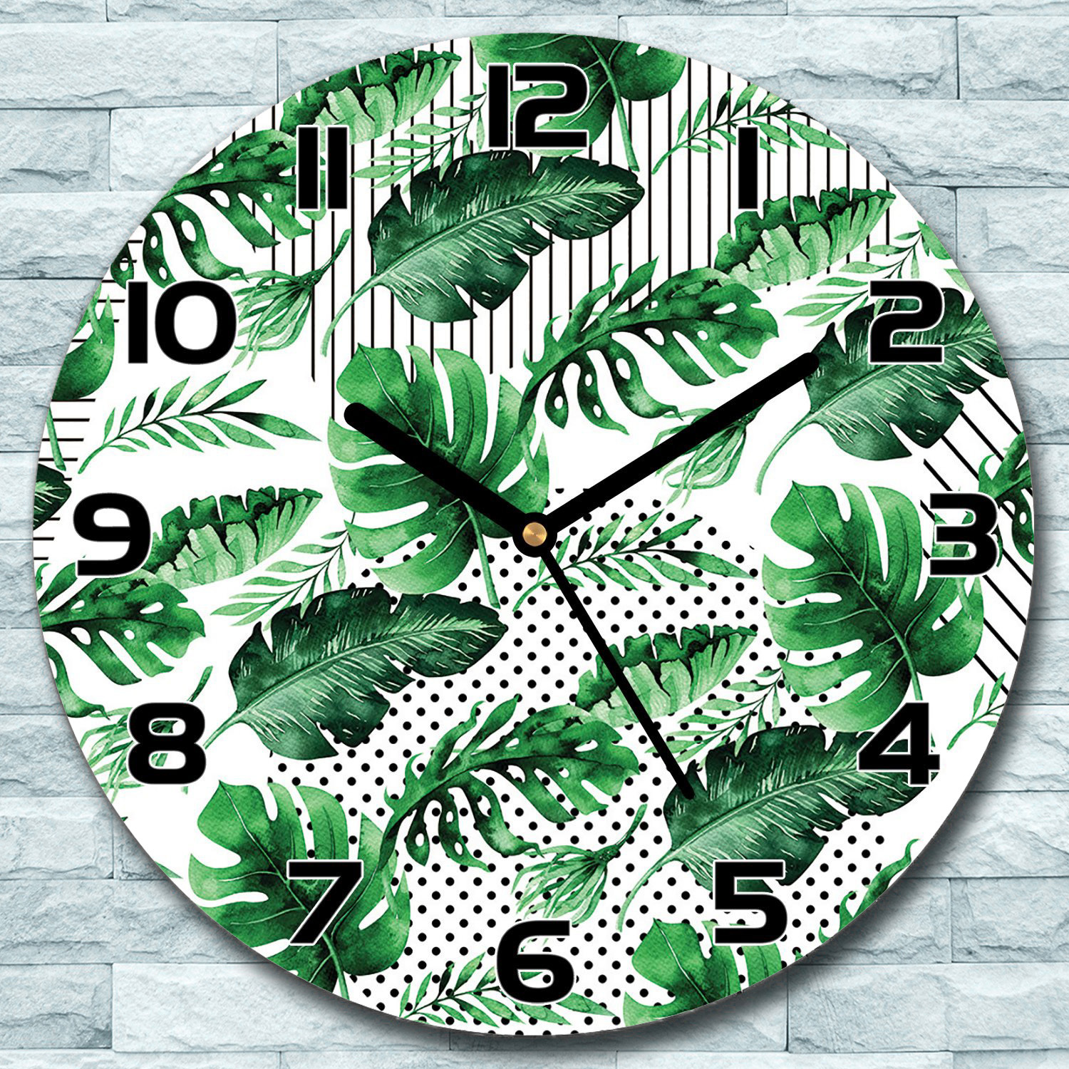 coloray Wanduhr aus Glas Rund fi 30 Grüne Blätter Punkte & Streifen Deko Schlafzimmer zso-black-f30-lenarte-140