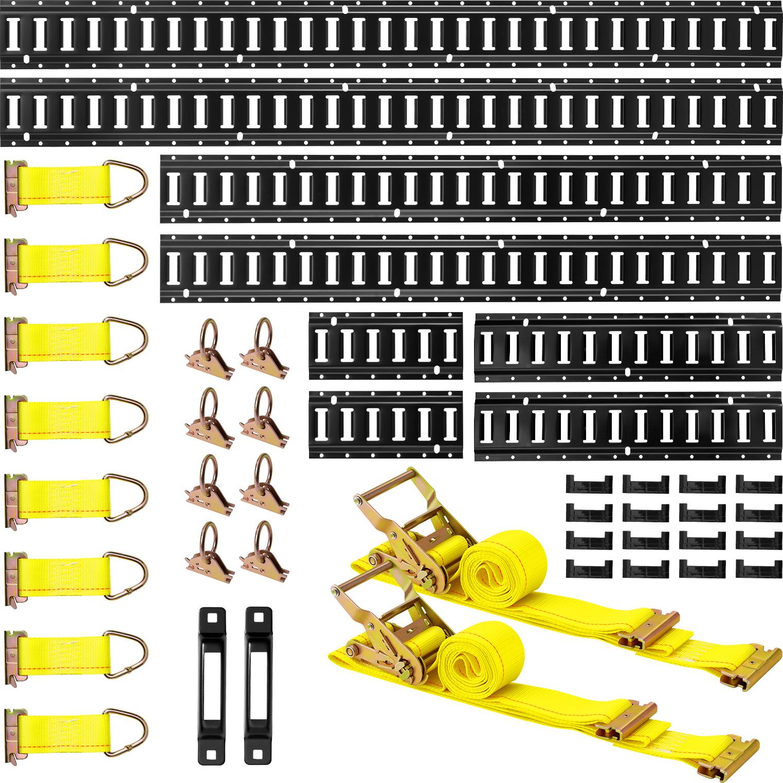 SucceBuy E-Track-Zurrschienen-Set, 8er-Pack (1,5/1,2/0,6/0,3 m) E-Track-Schienen, 36-teilig, inklusive 2 Ratschengurte, 8 O-Ringe, 8 Zurrgurte mit D-Ring, 2 Einzelschlitze und 16 Endkappen