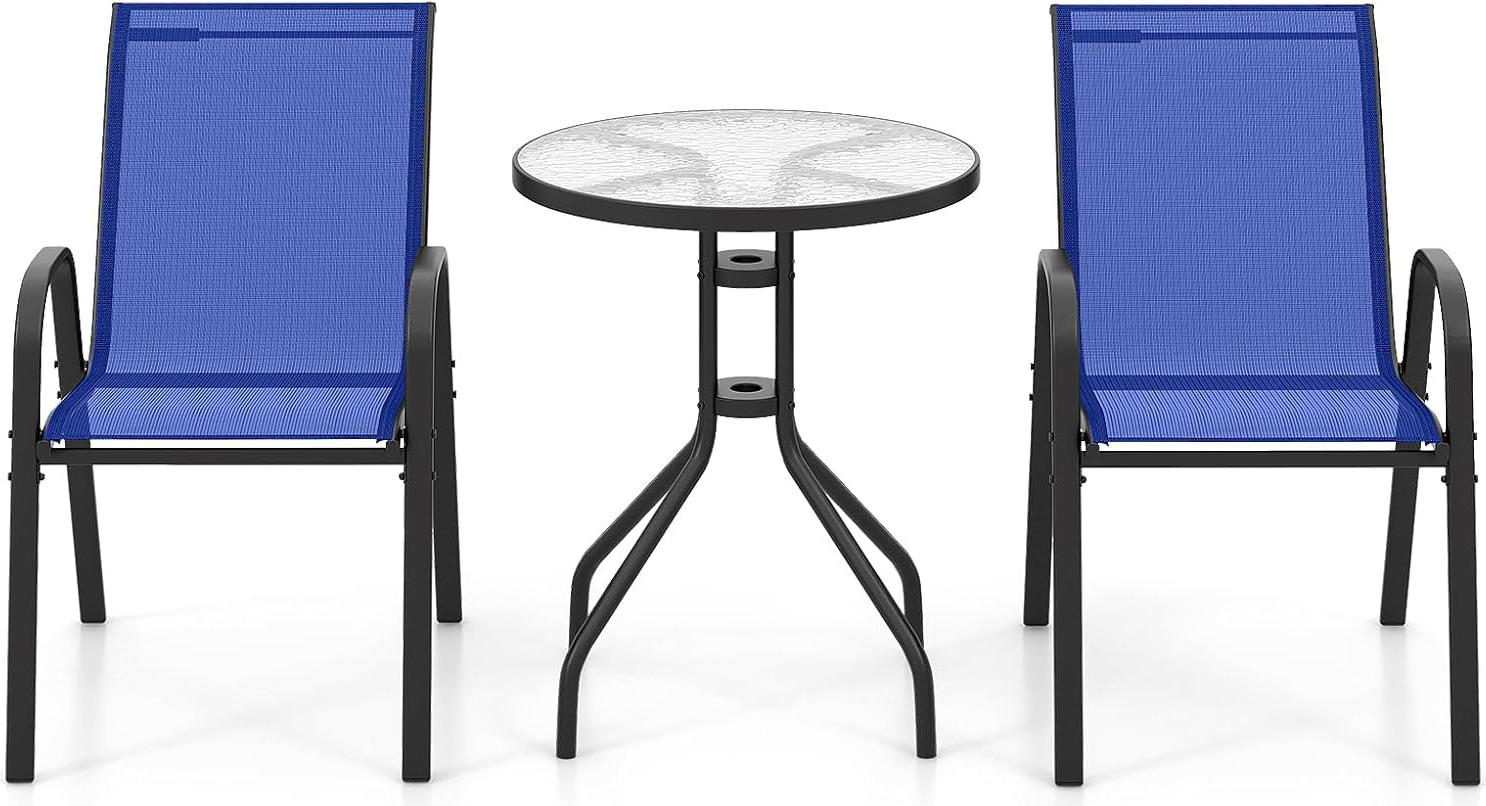 KOMFOTTEU 3 KS. Bistro set, sada záhradného nábytku vrátane záhradného stola s otvorom na slnečník a 2 skladacích stoličiek, balkónový set záhradný set na balkón (modrý)