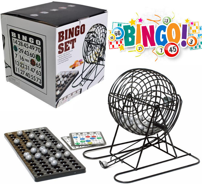 Decopatent Bingo-Spiel - Bingo-Mühle - Bingo-Bälle - Bingo-Karten - Chips - Spielbrett - Bingo-Mühle - Metall - Lotto-Kinderspiel