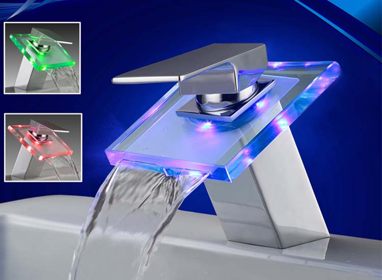 Beleuchteter Glas LED RGB Waschtischarmatur Wasserfall Mischbatterie Wasserhahn 