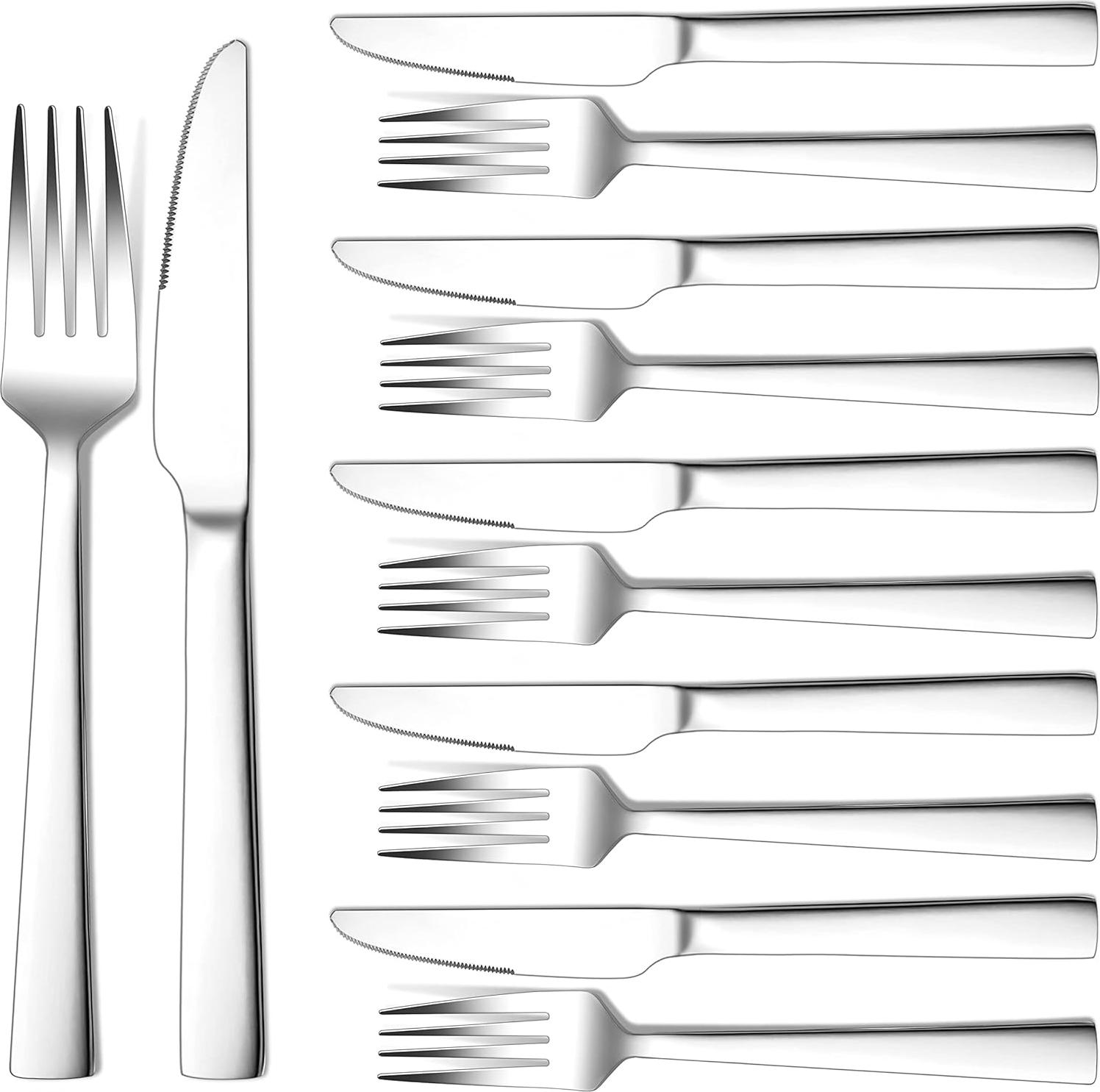 Markenlos Steakbesteck, 12-teilig, rostfreier Stahl, Steakbesteck, Set für 6 Personen, silberne Steakmesser und Steakgabeln, hochwertige Gabelset für Pizza/Steak, rostfrei und spülmaschinenfest