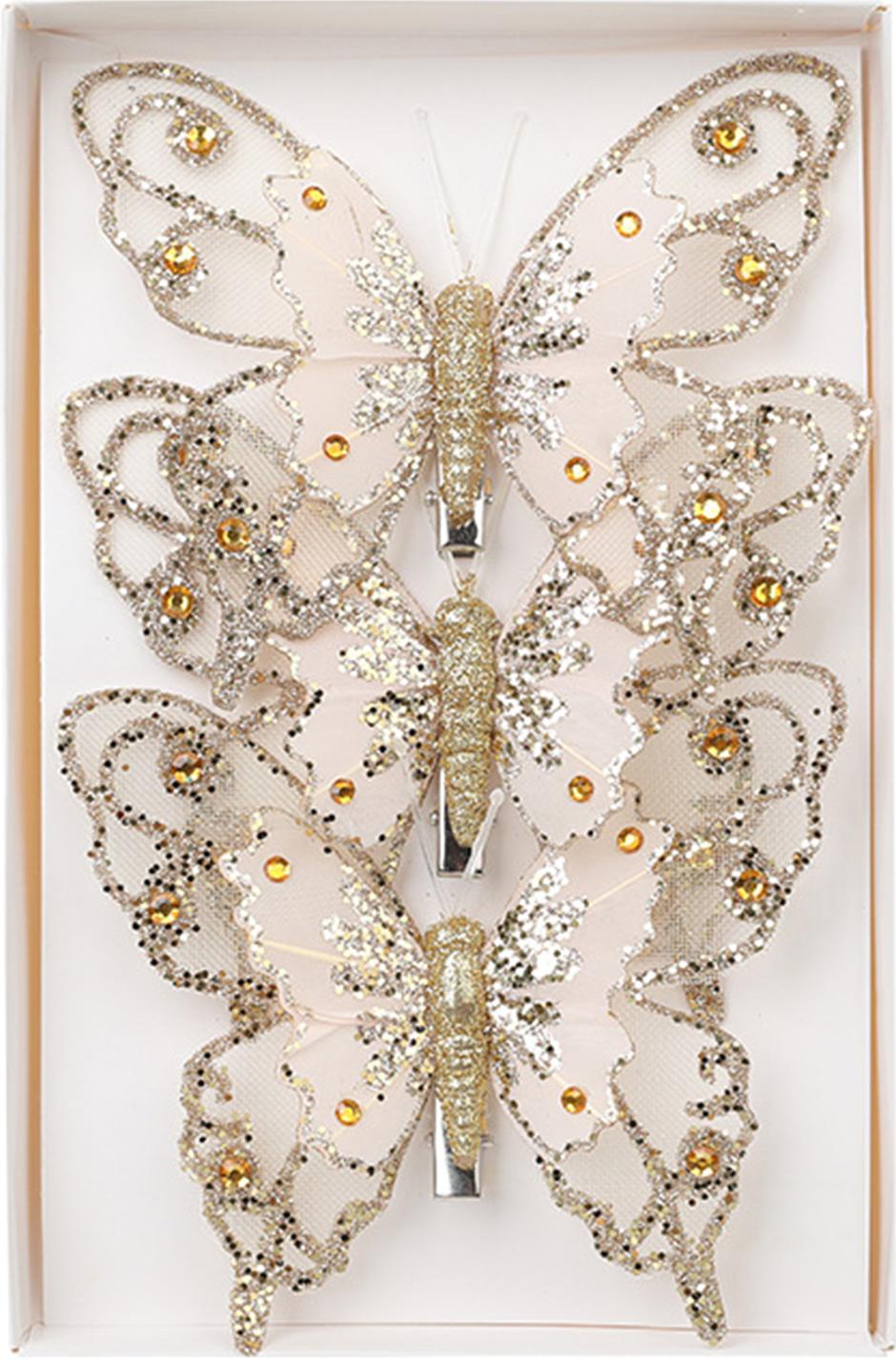 Hdvery 3 Stück glitzernde Pailletten, Schmetterlingsornament, künstlicher Schmetterling, Weihnachtsdekoration mit Clips für Weihnachtsbaum, Kranz, Feiertagsdekoration 4575626@Hdvery