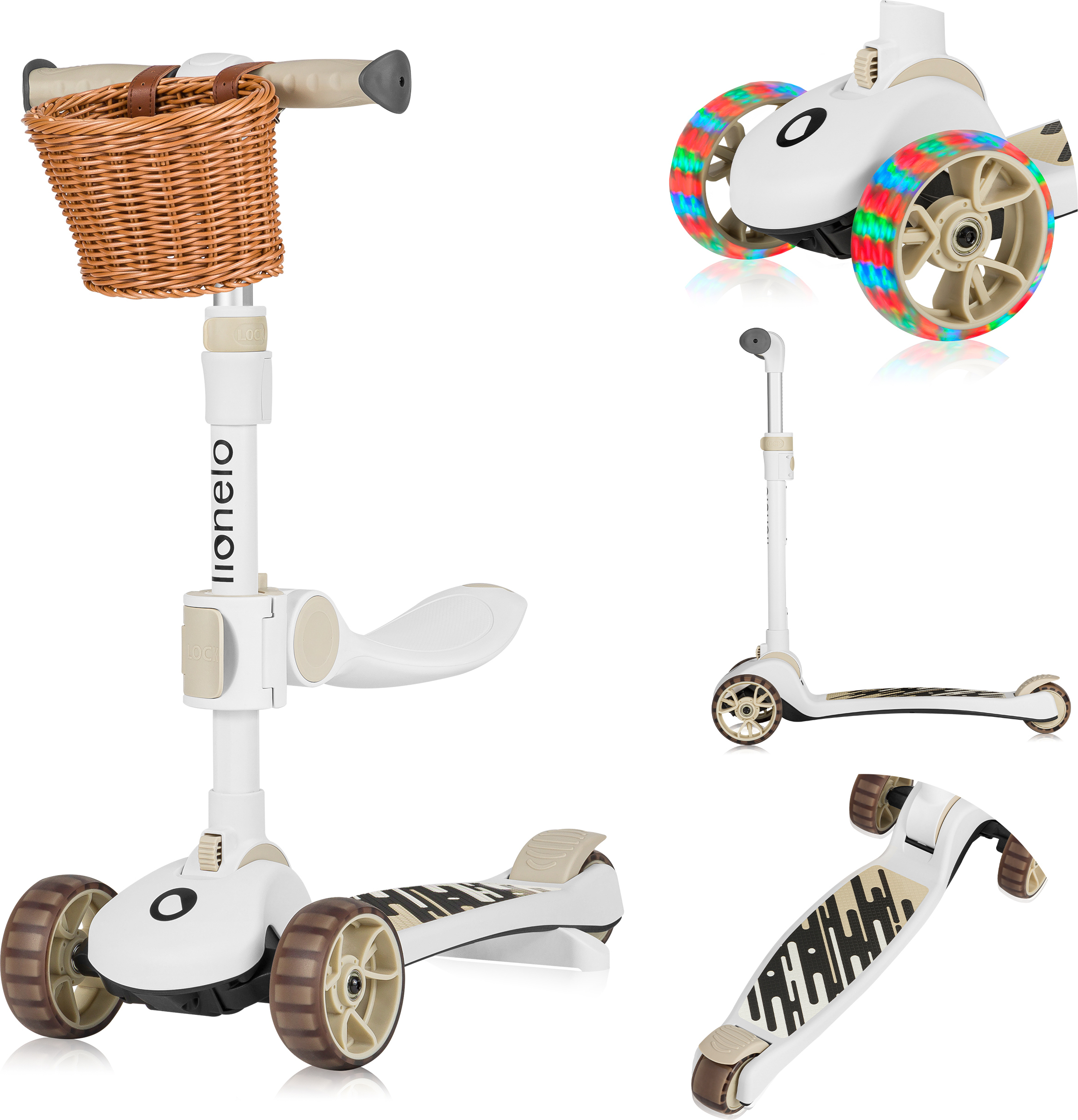 Lionelo Franky 2in1 Kinder Laufrad bis 20 kg Balance Roller bis 50 kg Höhenverstellbar, LED-Räder, rutschfestes Trittbrett, Korb Beige LO-FRANKY BEIGE