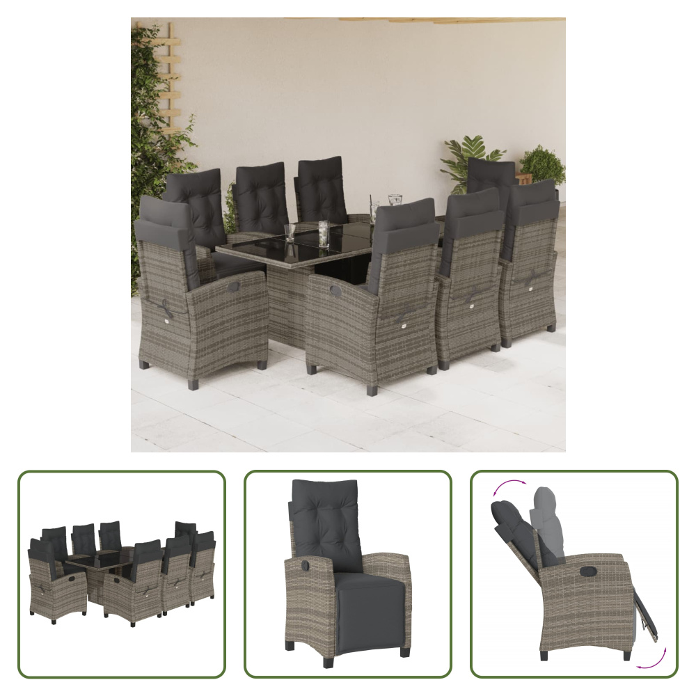 The Living Store 9-dielny záhradný jedálenský set s vankúšmi sivý polyratan