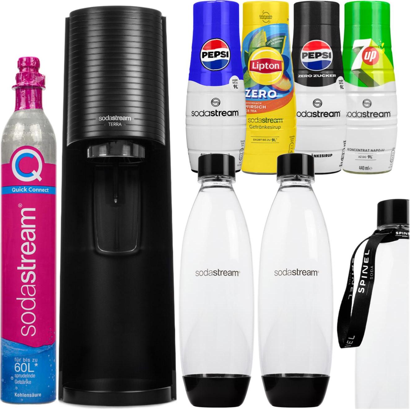 Výrobník perlivej vody SodaStream Terra Black + 2 fľaše + 4 sirupy