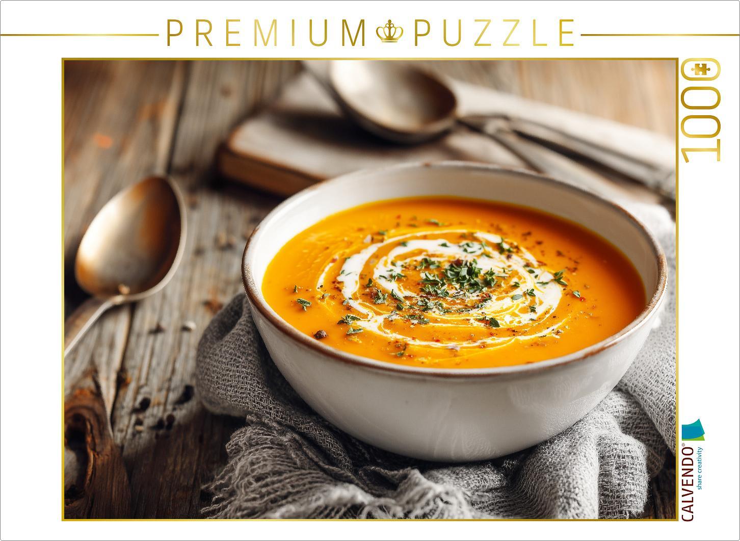 CALVENDO Puzzle Cremige Kürbissuppe mit Kokos und frischen Kräutern | 1000 Teile Lege-Größe 64x48cm Foto-Puzzle für glückliche Stunden