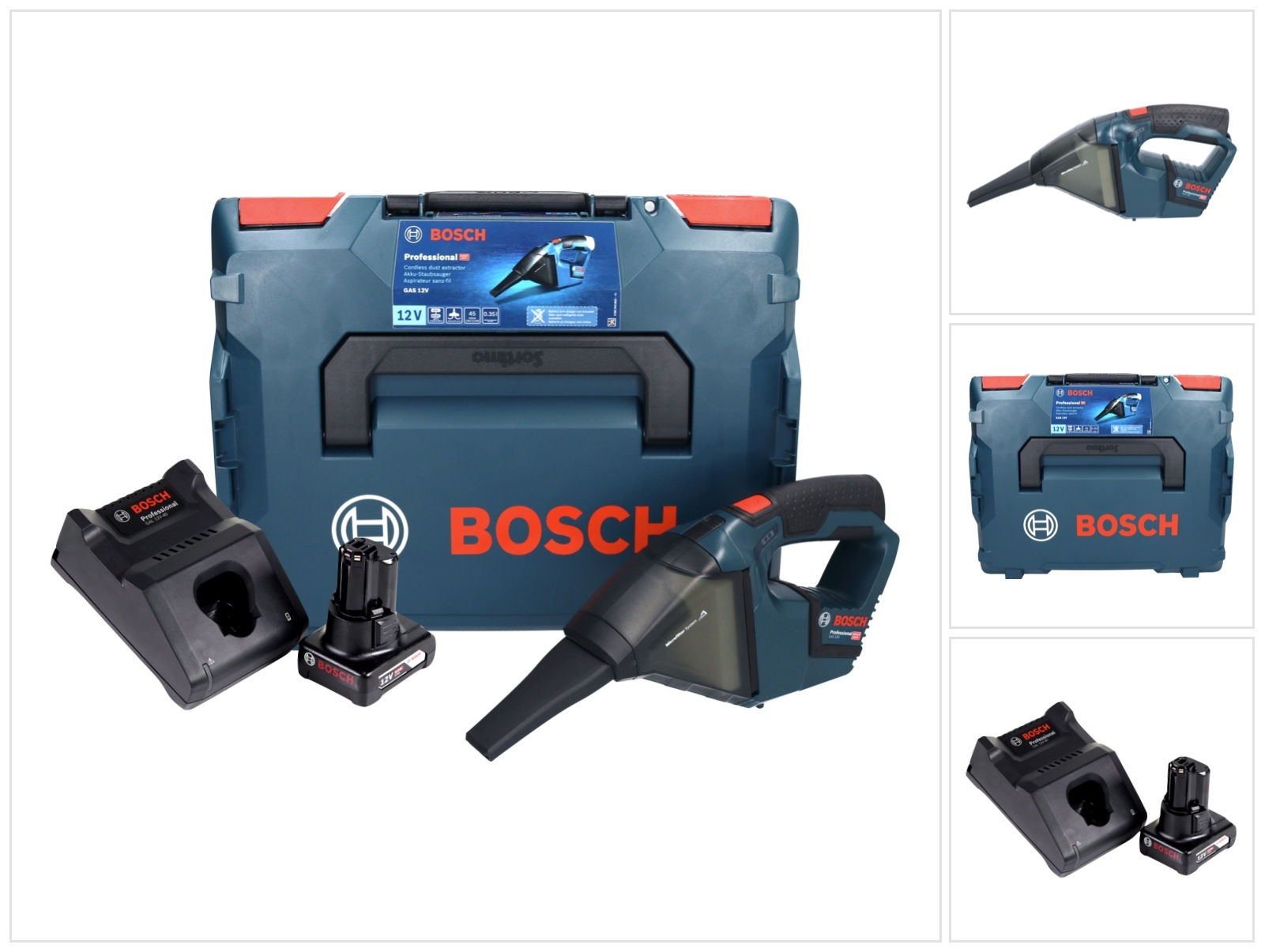 Bosch GAS 12V Professional akumulátorový vysávač 12 V 0,35 l + 1x akumulátor 6,0 Ah + nabíjačka + L-Boxx