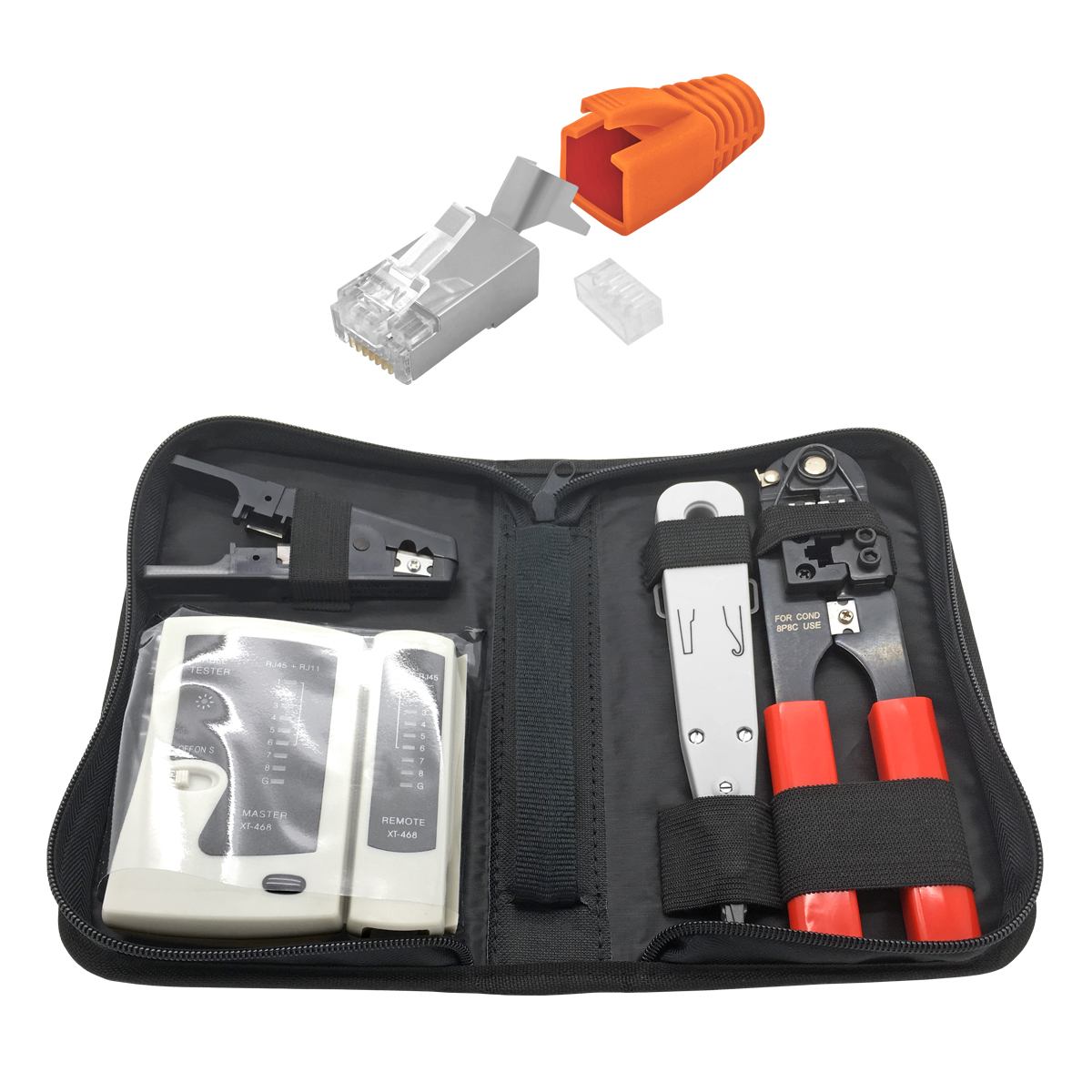 ARLI Netzwerk Werkzeugset + 50x RJ45 Netzwerkstecker mit Zugentlastung, Einführhilfe und Knickschutz