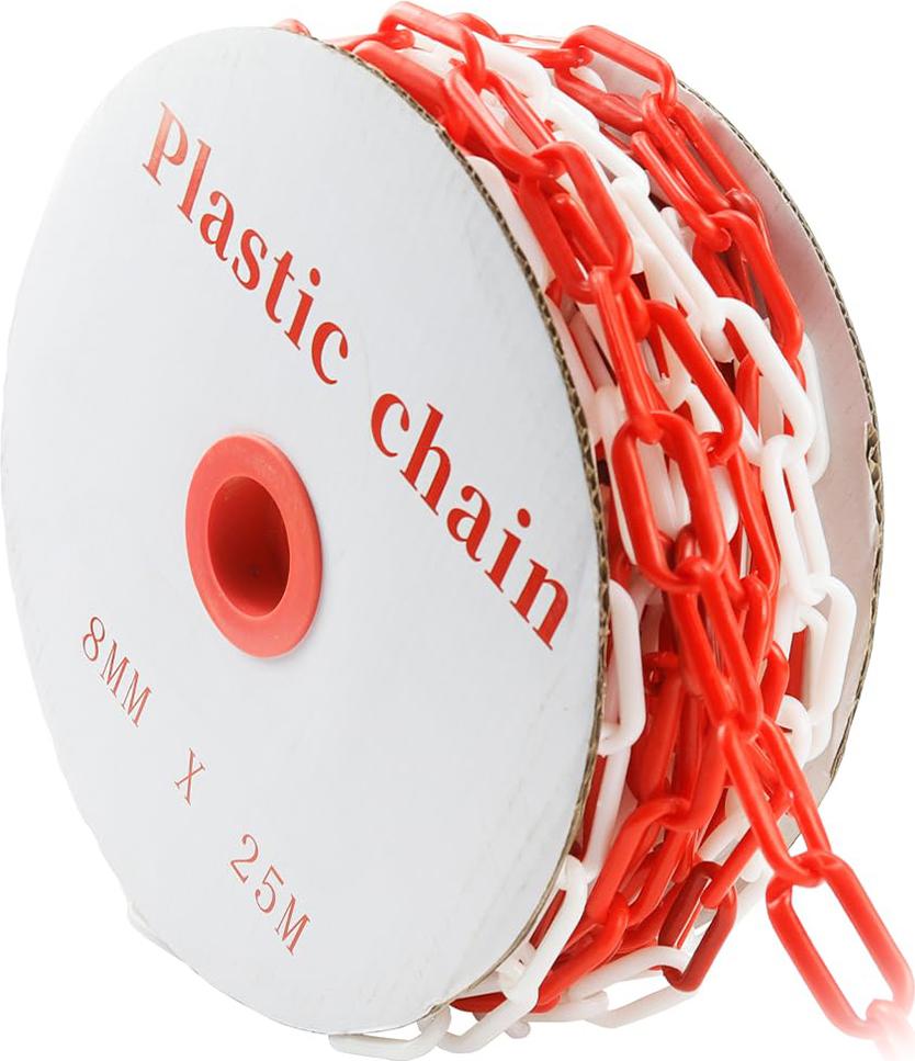 Dopwii Absperrkette Kunststoff 25 m, 8 mm stark, mit 4 Karabinern, Warnkette Rot-Weiß für Baustelle, Parkplatz & Warteschlangen KAUF-WOHN-HT1845-018