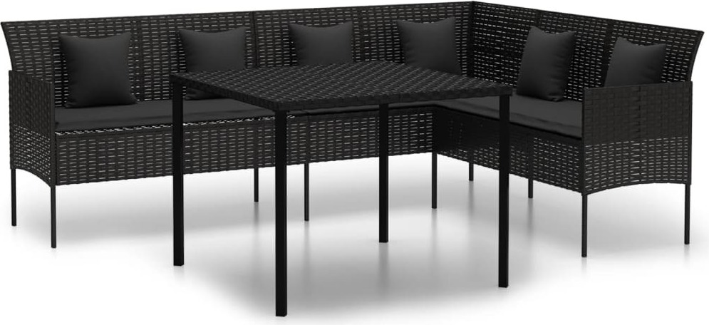 2-tlg. Garten-Essgruppe mit Kissen Schwarz Poly Rattan