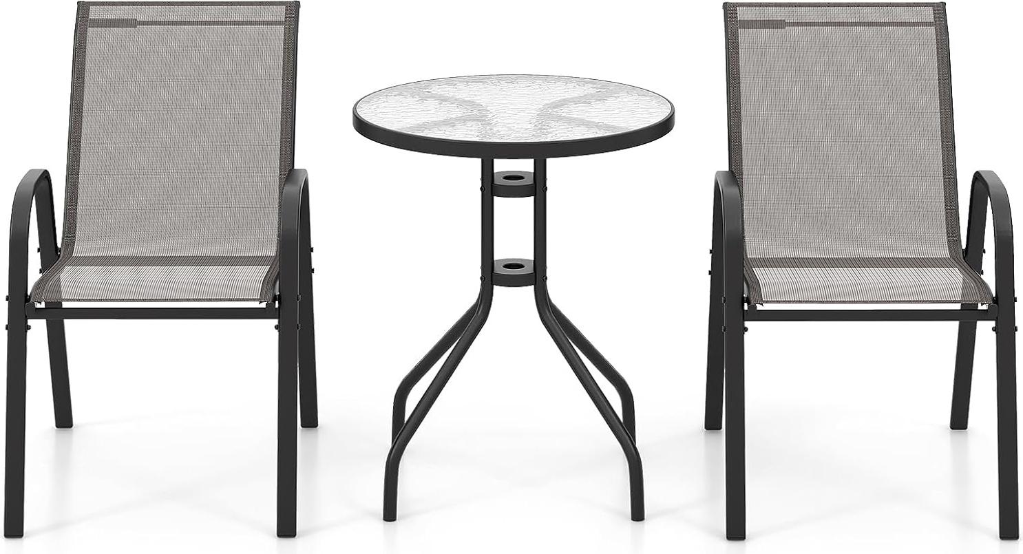 KOMFOTTEU 3 KS. Bistro set, sada záhradného nábytku vrátane záhradného stola s otvorom na slnečník a 2 skladacích stoličiek, balkónový set záhradný set na balkón (sivý)