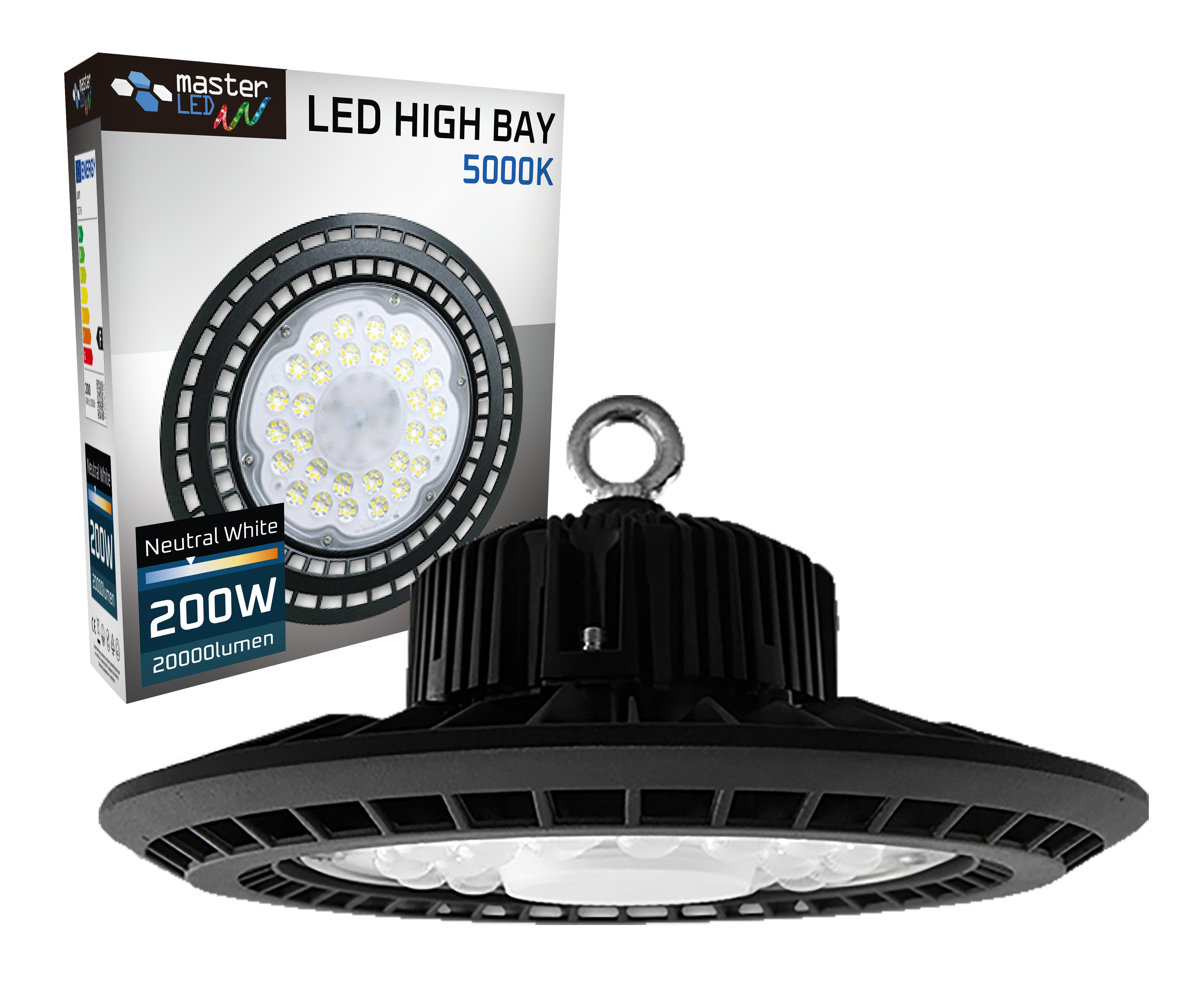 MasterLED Hallenleuchte Ø35cm High Bay 5000K Kaltweiß 200W – 90° Abstrahlwinkel, IP65, Dimmbar, Hakenmontage Ideal für Lagerhallen, Produktionsstätten 7576