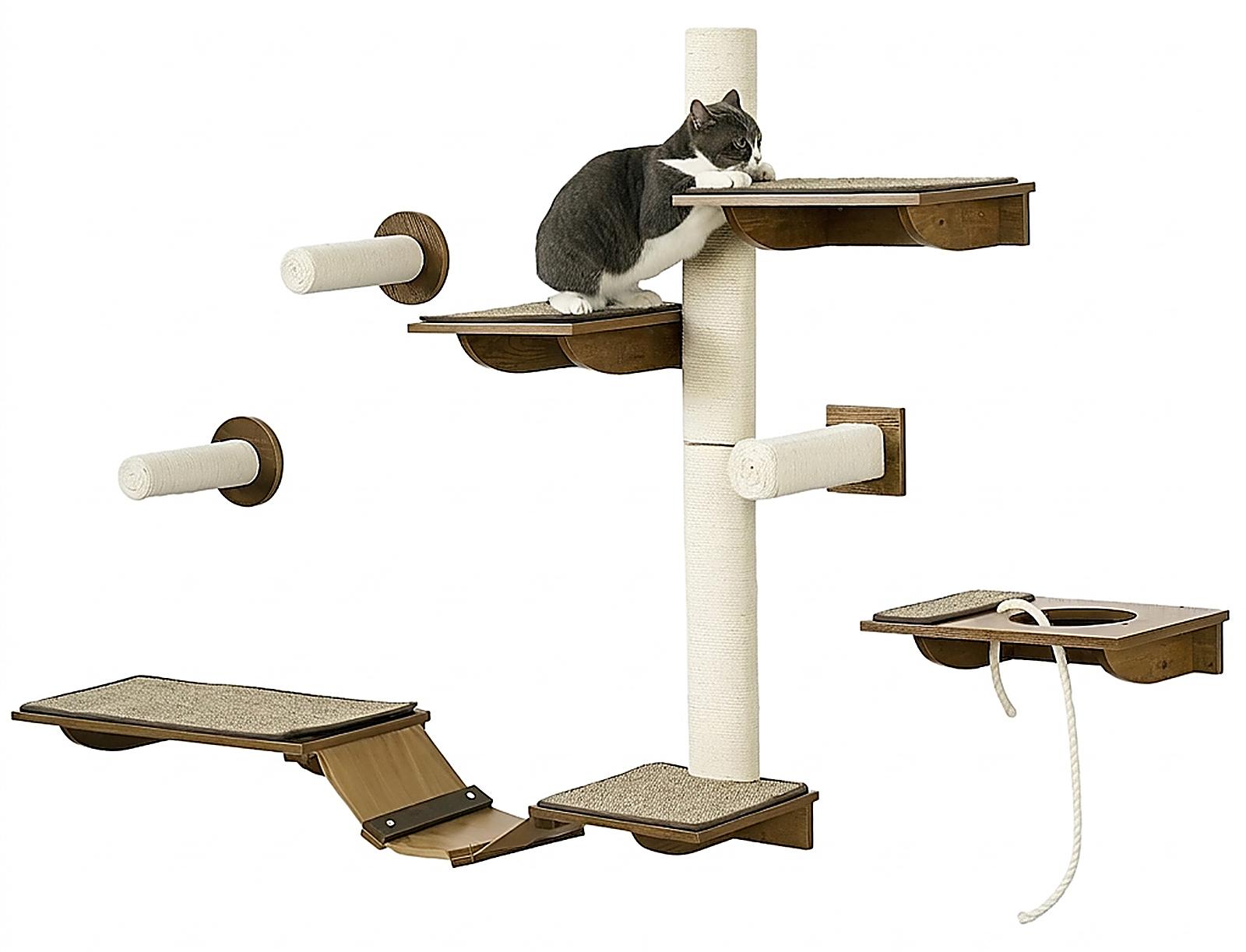 SUGIFT Katzen-Kletterwand 8-teilig Wandmontage 4 Kratzstämme Sisal 2 Plattformen Leiter Lochplattform Spanplatte bis 8 kg Braun Cremeweiß