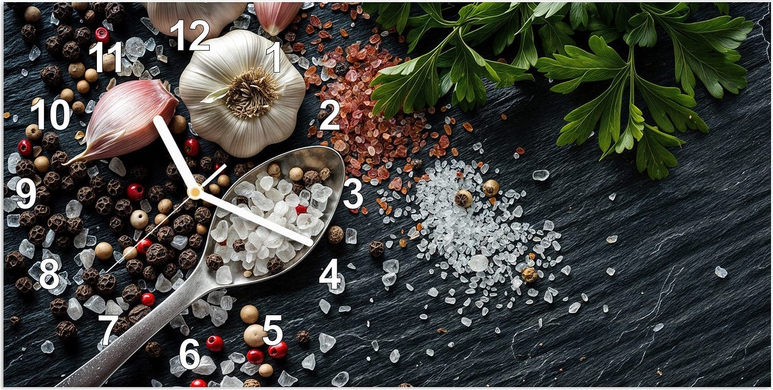 Primedeco Wanduhr aus Glas mit Motiv Küchenzutaten- 60 x 30 cm - inkl. Aufhängesystem