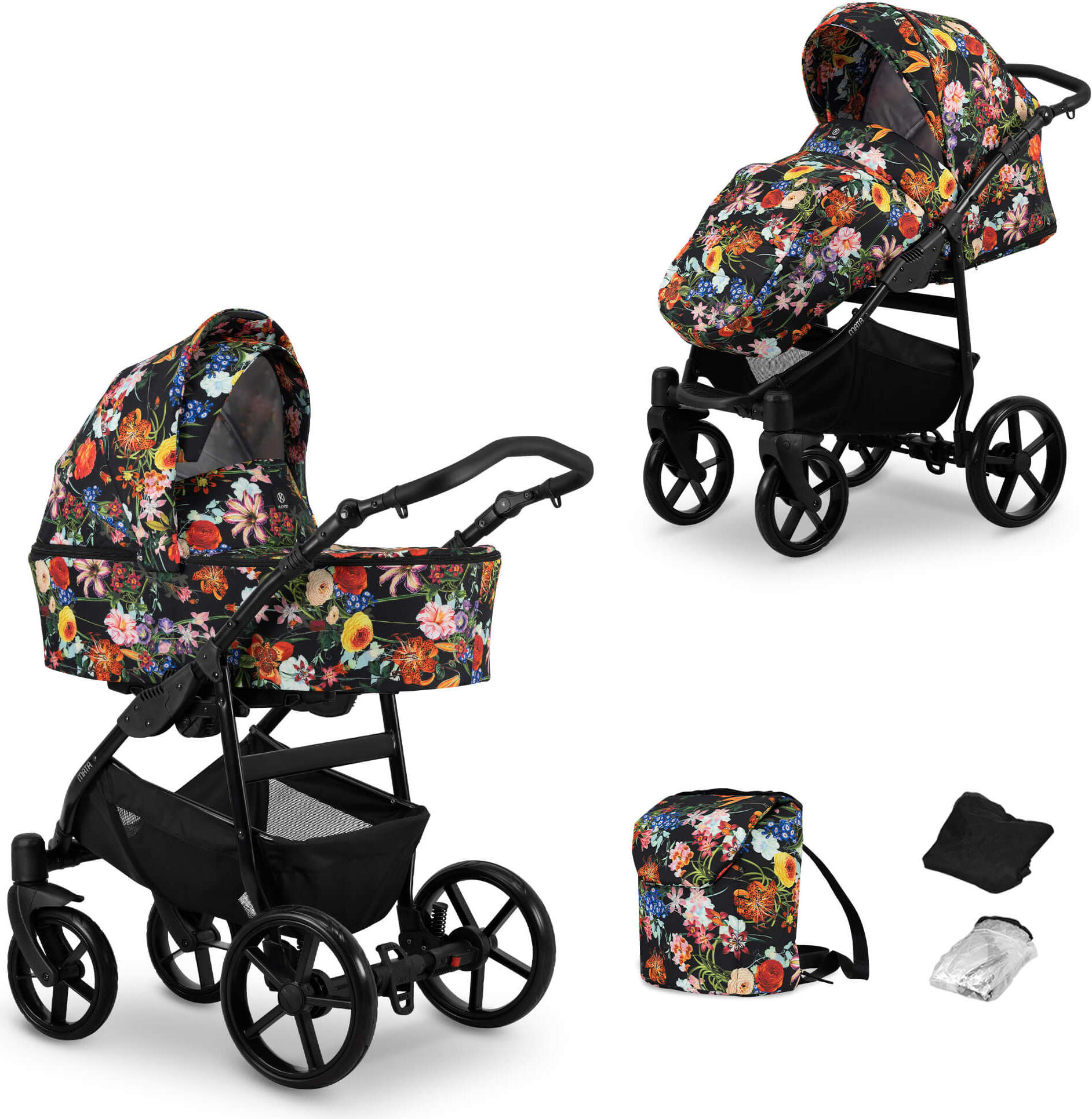 Kinderwagen MATA Sportwagen Babywagen Babyschale Komplettset Kinder Wagen Set 2 in 1 (blumen, Rahmenfarbe: Schwarz)