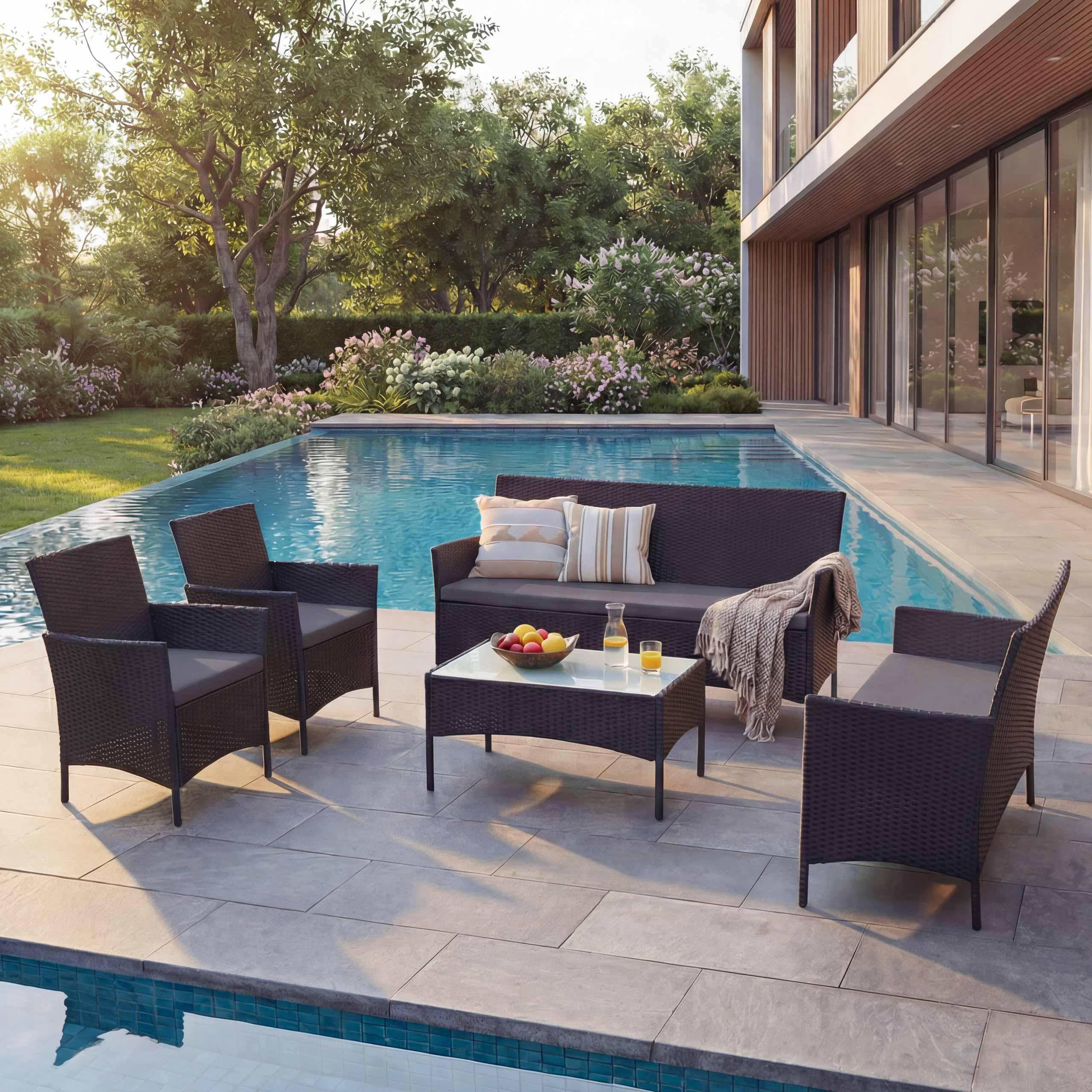 3-2-1-1 Poly-ratanová záhradná súprava Halden, Lounge Set Sofa ~ antracit, vankúše antracit