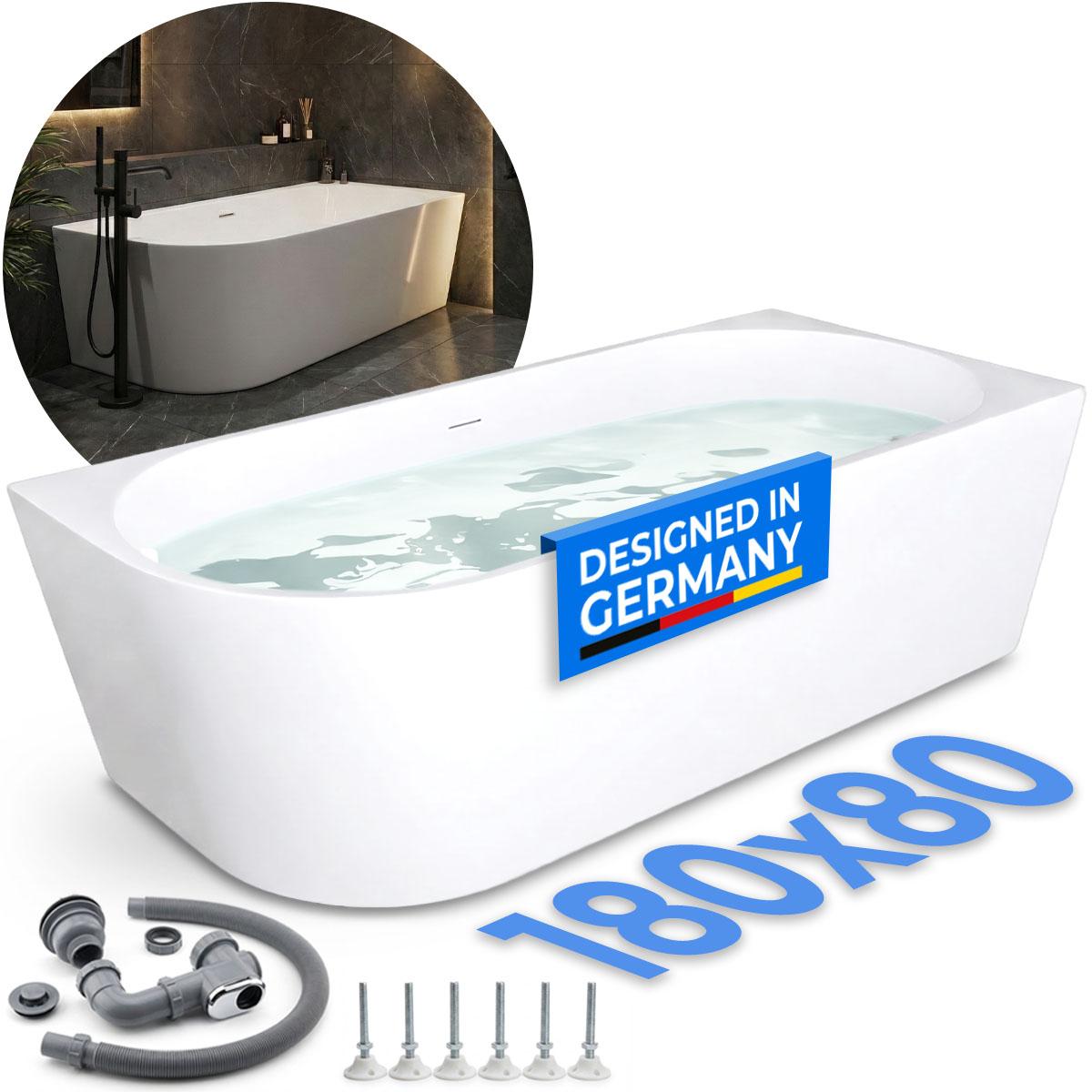 Belvit Badewanne halbfreistehend & freistehend aus Acryl – Eckbadewanne oder oval, Links, Mittig & Rechts, 180x80 - 170x78 cm, mit Ablaufgarnitur FB3400R