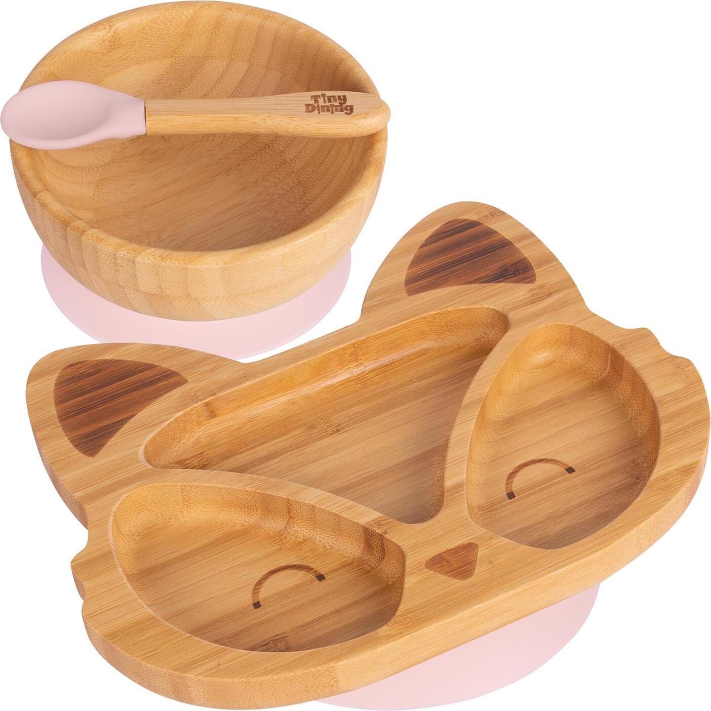 3pc Pastellrosa Kinder Bambus Fuchs Teller, Schüssel & Löffel-Set mit Silikon-Saugnapf - Segmentiertes Design Baby & Kleinkind Entwöhnung Geschirr - Umweltfreundlich & Biologisch Abbaubar - Von Tiny Dining TD-FOX-SET-PPI