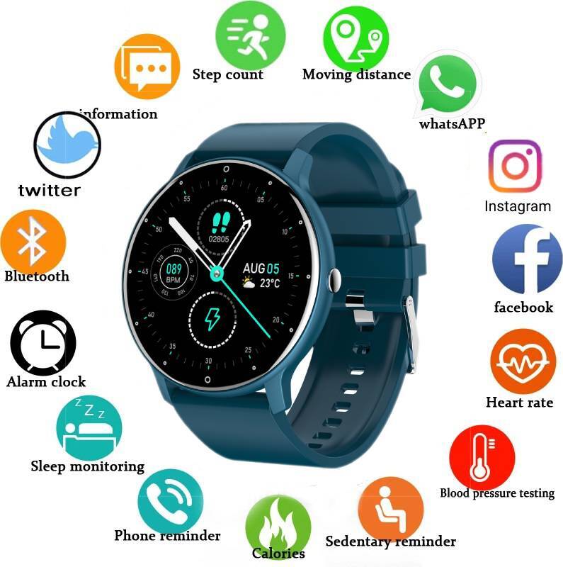 Inteligentné hodinky s plným dotykovým displejom športové fitness hodinky Ip67 vodotesné Bluetooth pre Android Ios Muži žena Smartwatche, modrá,