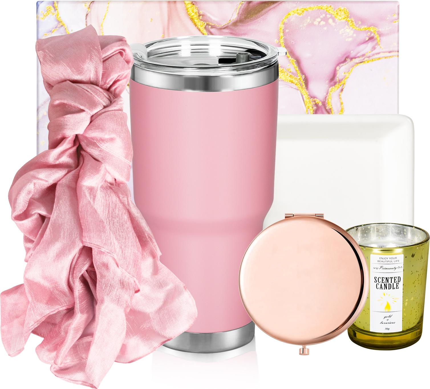 TWO TREES Damen Geschenkset - Rosgoldener Kosmetikspiegel + Schmuckschale + Auto-Wasserbecher + Duftkerze + Seidenschal, Personalisierbar, Perfekt f¹r Geburtstagsgeschenke