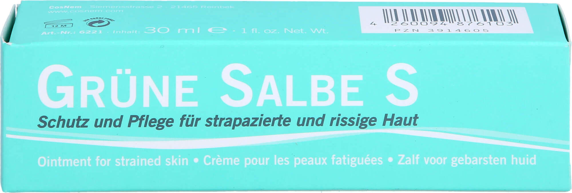 CosNem Salbe S Creme Grün 30 ml für empfindliche und beanspruchte Haut, lindert Trockenheit 03914605