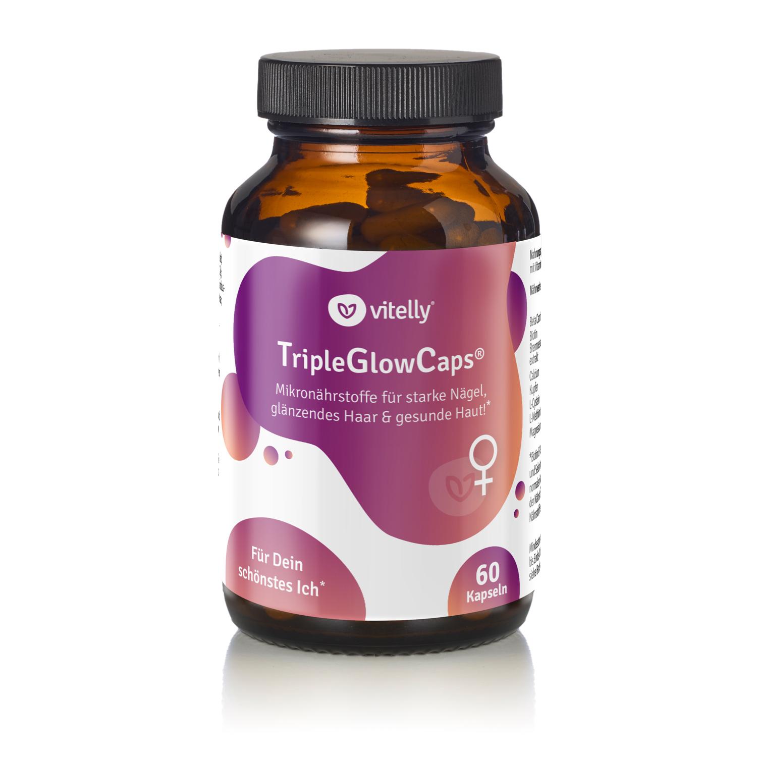 vitelly TripleGlowCaps® Haut Haare Nägel – 60 Kapseln – Mikronährstoff Komplex mit Biotin, Zink, Selen & Vitamin C – Hautstruktur, Haarwachstum & Nägel