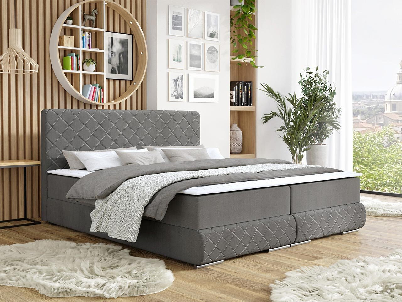 Manželská kontinentálna posteľ 180x200 VELEN - šedá + topper ZDARMA