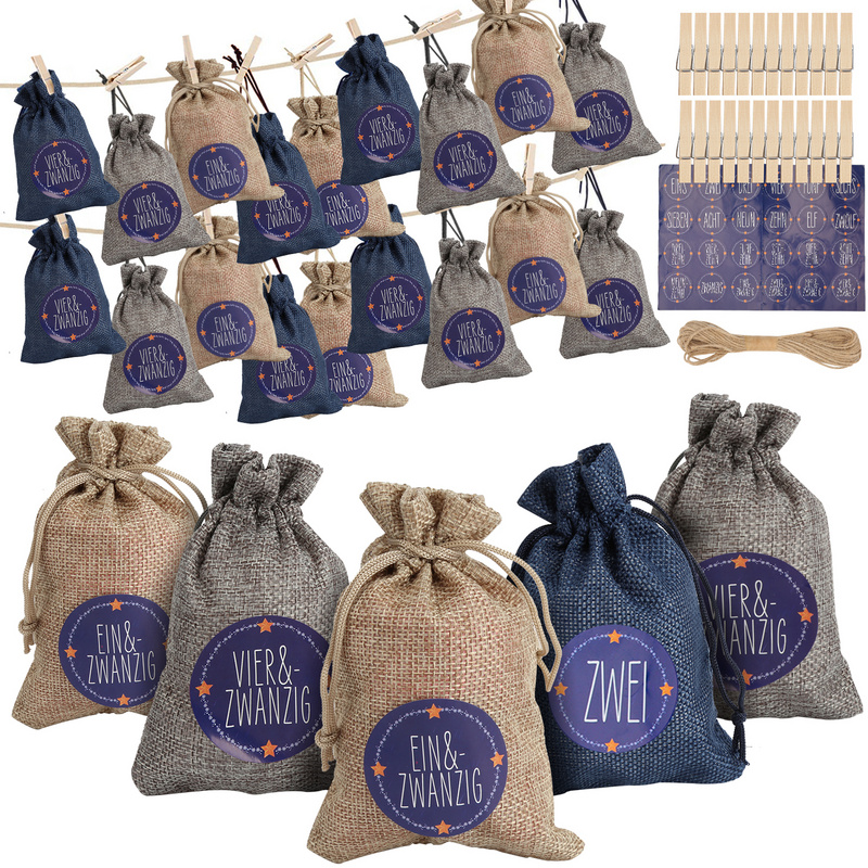TolleTour 24 adventných kalendárov na plnenie, látkové adventné kalendáre s 1-24 vreckami z jutových vreciek, modré / biele / sivé
