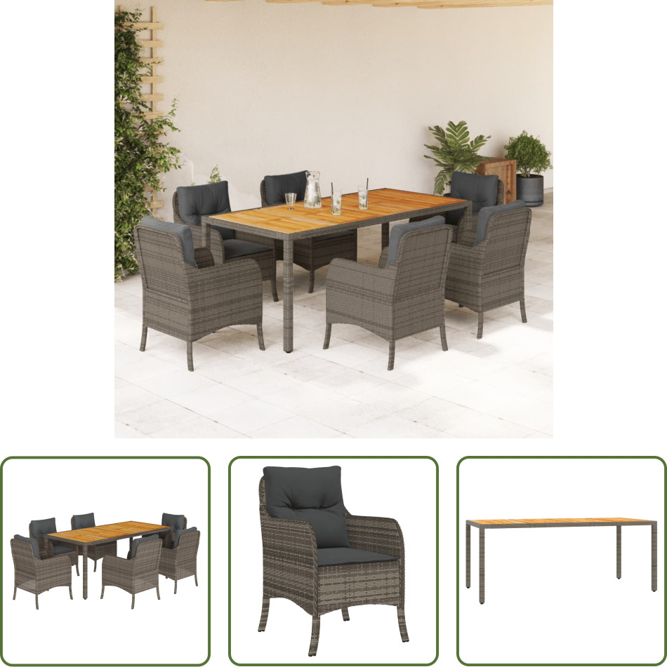 The Living Store 7-dielny záhradný jedálenský set s vankúšmi sivý polyratan