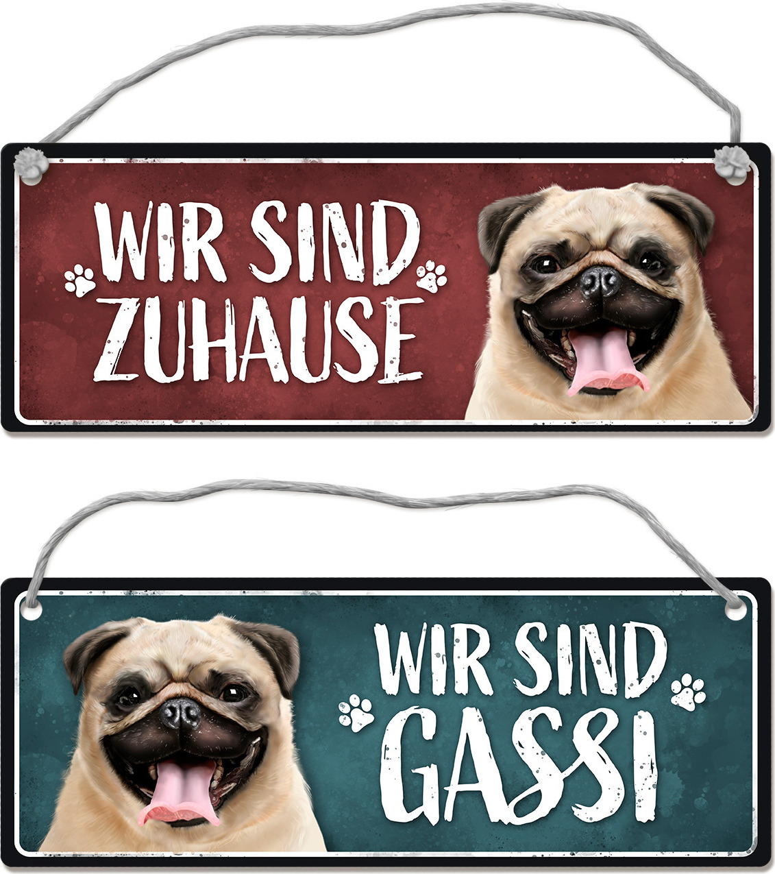 speecheese Wir sind Gassi/Zuhause - Mops Wendeschild mit Kordel Schild Türschild Dangler
