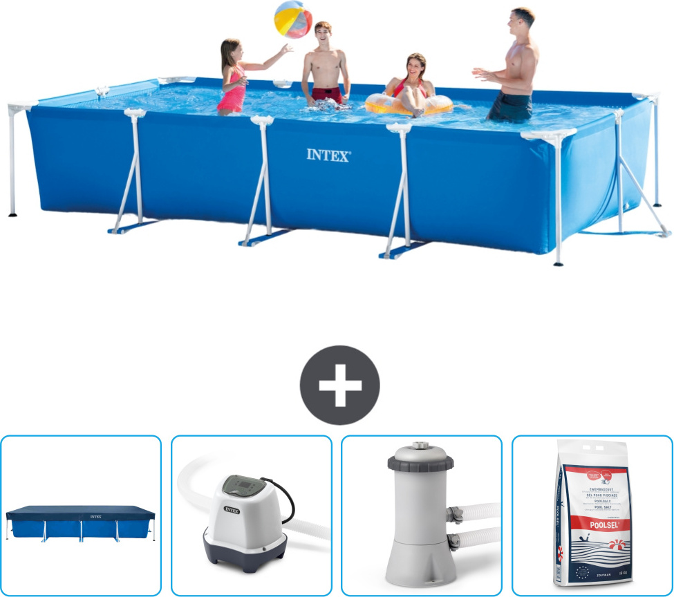 Bazén Intex s obdĺžnikovým rámom - 450 x 220 x 84 cm - modrý - vrátane krytu - systém so slanou vodou - filtračné čerpadlo pre bazén - bazénová soľ