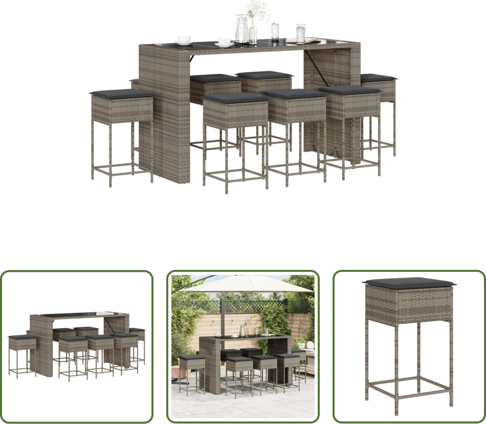 The Living Store 9-dielny záhradný barový set s vankúšmi sivý polyratan