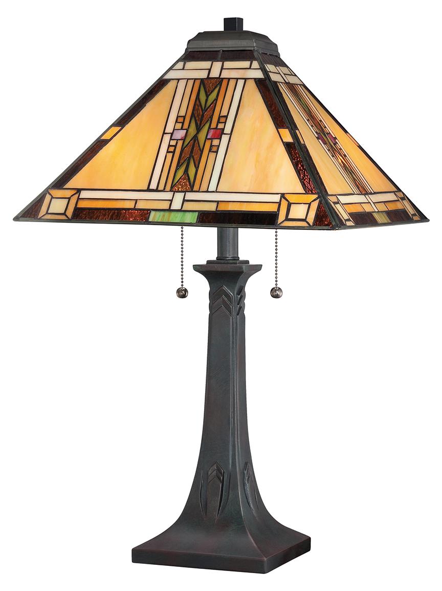 quoizel Elstead Navajo Tischlampe E27 2-fach Bronze und Kunstglas-Schirm Tiffanyglas QZ-NAVAJO-TL-VB