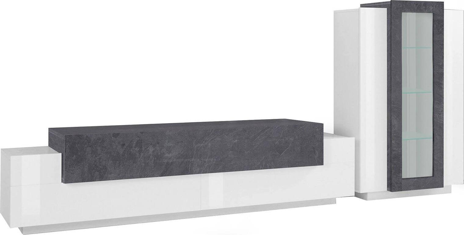 Dmora Wohnzimmermöbel Mirko, TV-Ständer Wohnzimmergarnitur, Mehrzweck-Wohnzimmermöbel, 100% Italy, cm 280x45h121, glänzend weiß und Schiefer