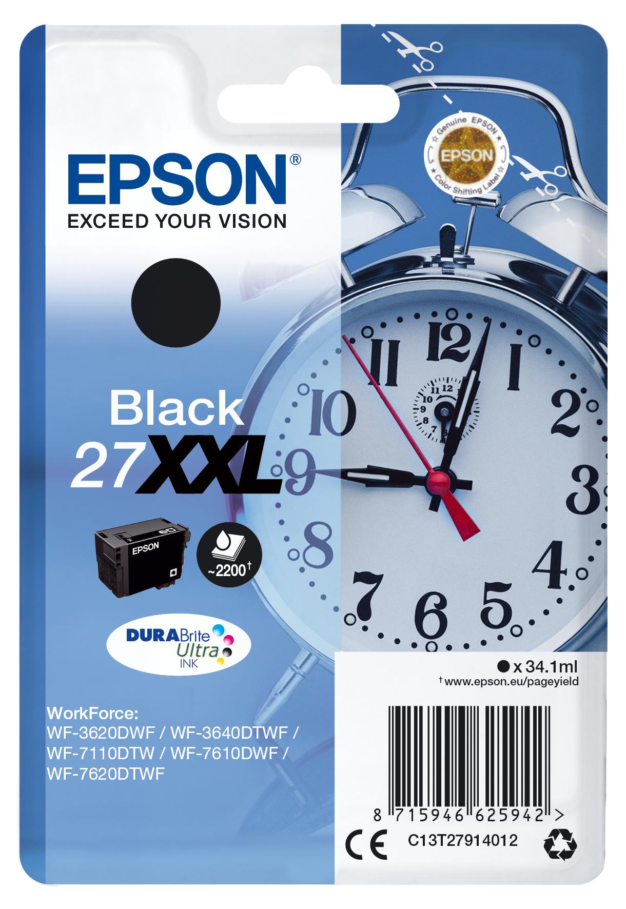 Epson Singlepack Black 27XXL DURABrite Ultra Ink, Čierna, Atrament na pigmentovej báze, 34,1 ml, 1 kusov, 2200 strany
