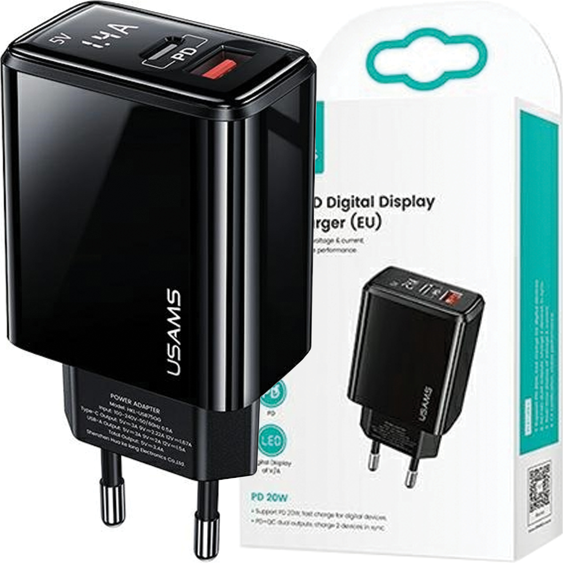 Usams Lad. Siete. 1Xusb-C+1Xusb T40 20W Led (Iba Hlava) Pd3.0 +Qc3.0 Rýchle Nabíjanie Čierna/Čierna Cc133Tc01 (Us-Cc133)