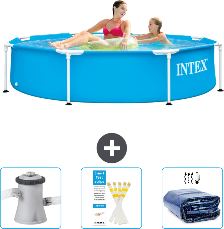 Bazén Intex s okrúhlym rámom - 244 x 51 cm - modrý - obsahuje filtračné čerpadlo pre bazén - testovacie prúžky - slnečnú striešku