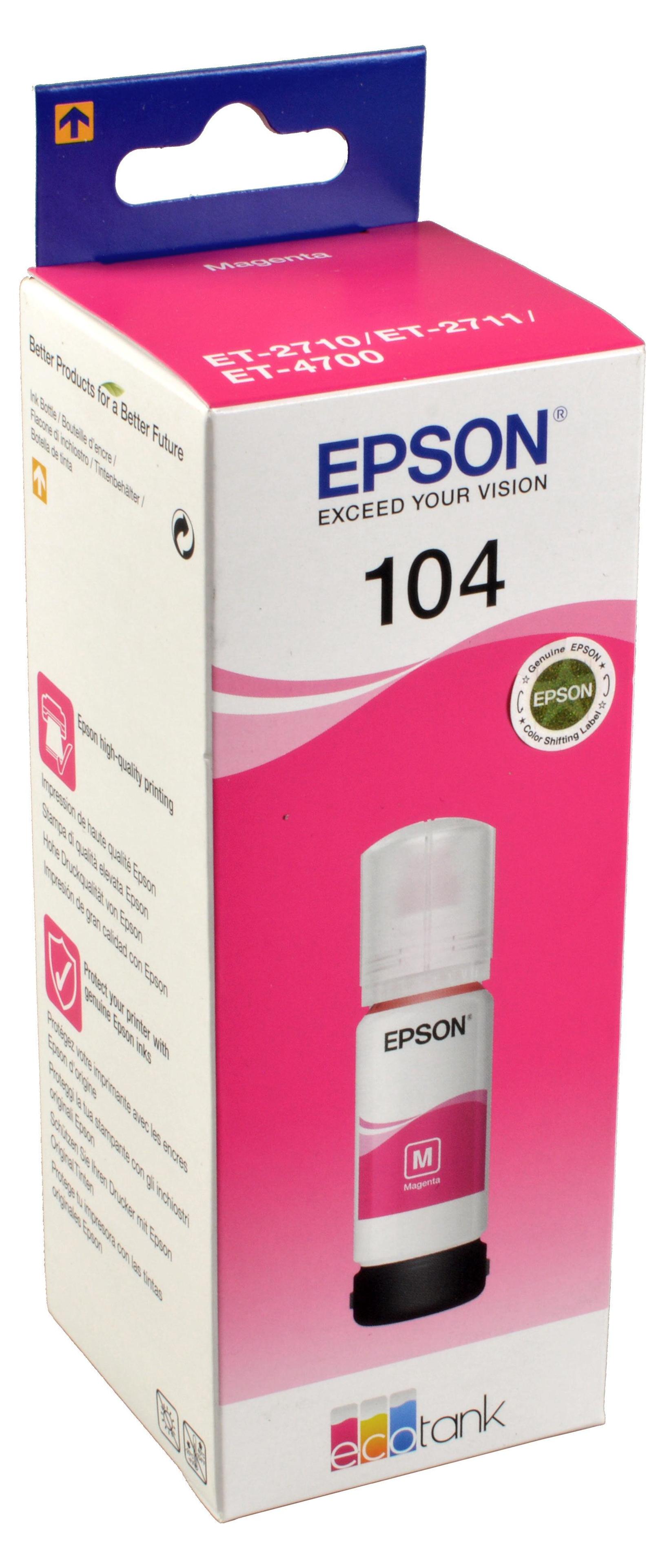 Epson 104 EcoTank Magenta ink bottle, Magenta, Epson, EcoTank ET-4700 EcoTank ET-2726 EcoTank ET-2720 EcoTank ET-2715 EcoTank ET-2714 EcoTank ET-2712..., 65 ml, Tintenstrahl, Mehrfarbig C13T00P340