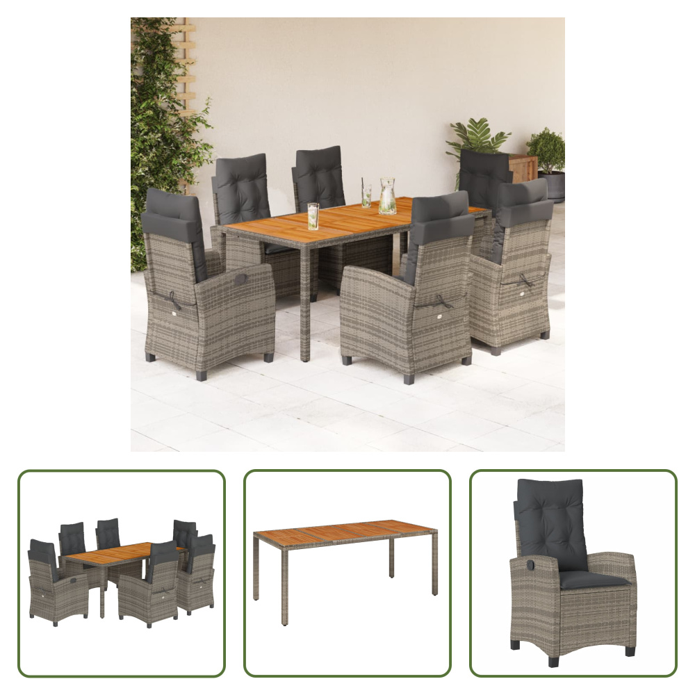 The Living Store 7-dielny záhradný jedálenský set s vankúšmi sivý polyratan