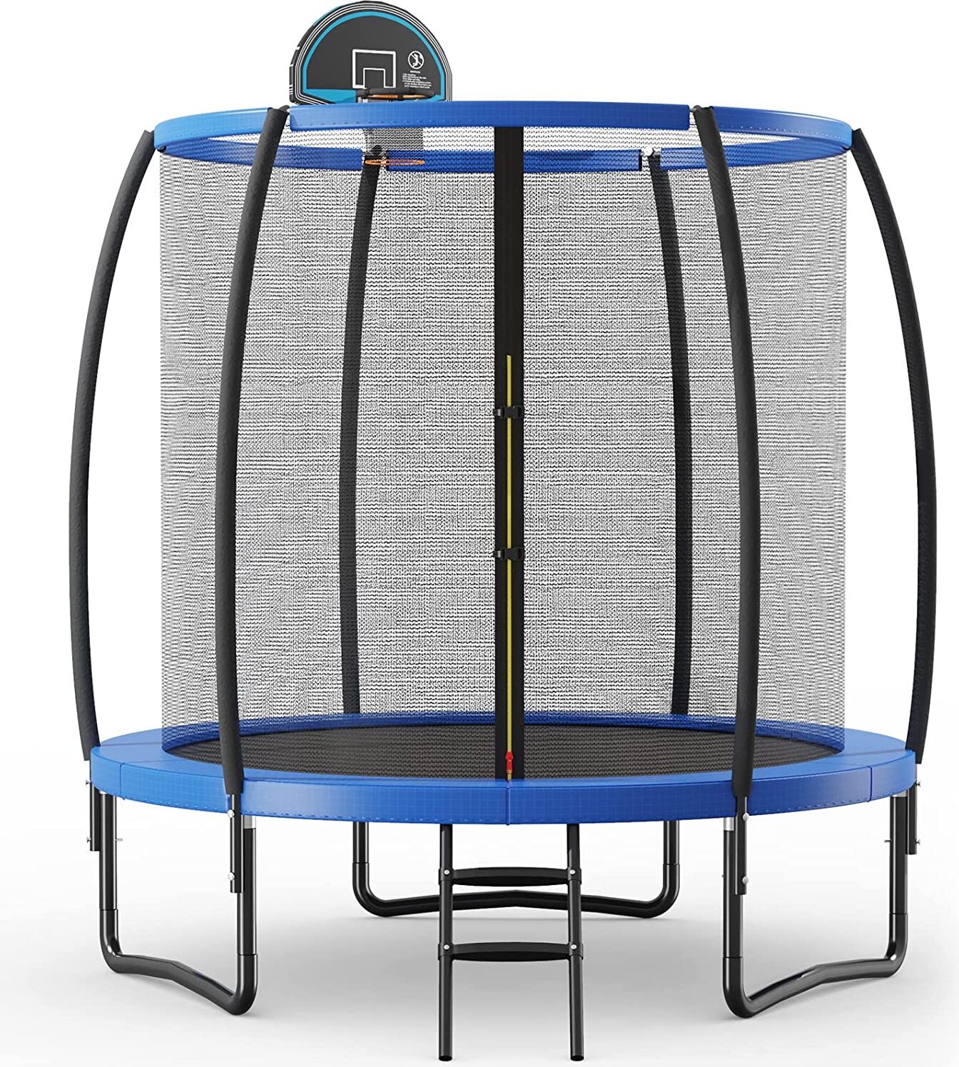 COSTWAY φ244 cm Trampolína vonkajšia, záhradná trampolína s rebríkom, kompletná súprava trampolíny s basketbalovou loptou, podložkou na skákanie, bezpečnostnou sieťou a krytom hrán