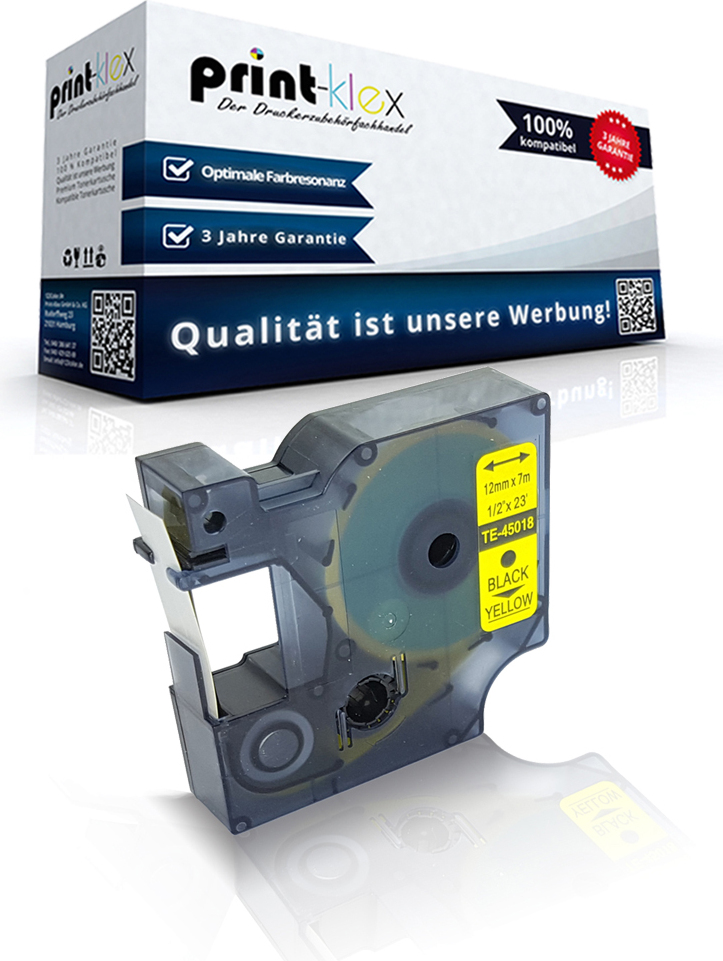 Print-Klex GmbH & Co.KG Kompatibles Schriftband für Dymo D1 45018 Labelmanager200 Labelmanager210D Labelmanager220P Labelmanager260P S0720580 12 mm x 7m Farb Kassette schwarz-gelb - Color Quantum Serie AMP-Dymo45018A12